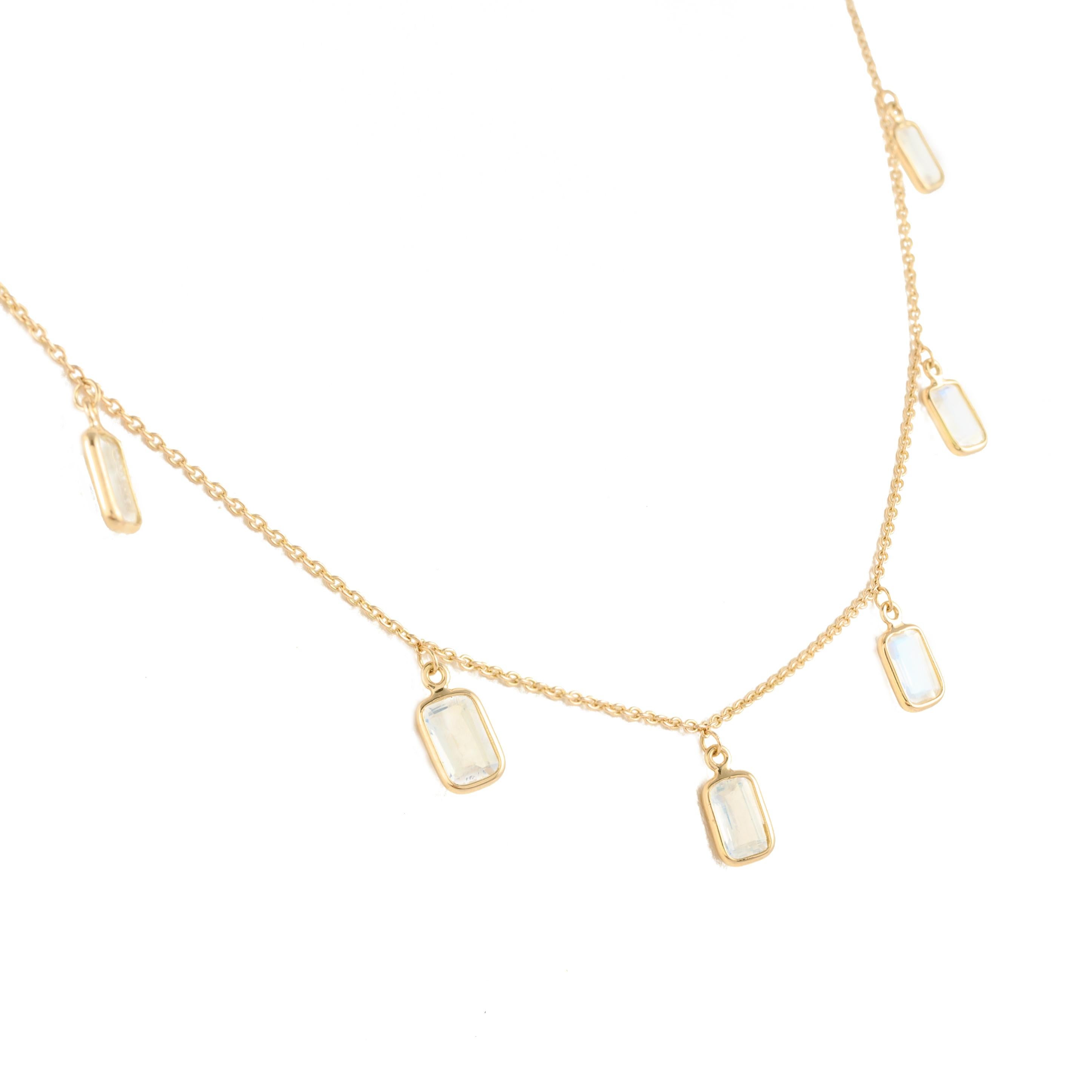 Baguette Cut Rainbow Moonstone Stacking Necklace 18k Solid Yellow Gold, Sister Gift Christmas For Sale