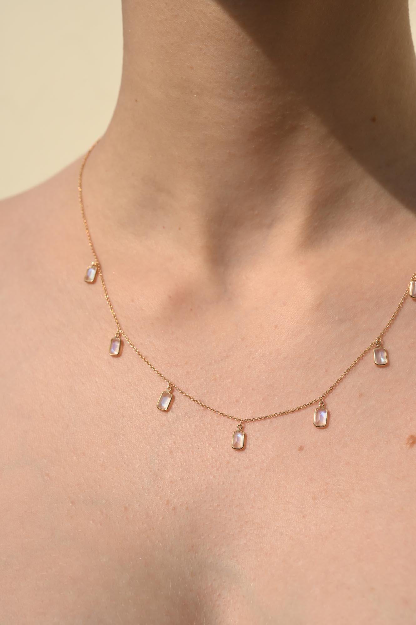 Rainbow Moonstone Stacking Necklace 18k Solid Yellow Gold, Sister Gift Christmas For Sale 3