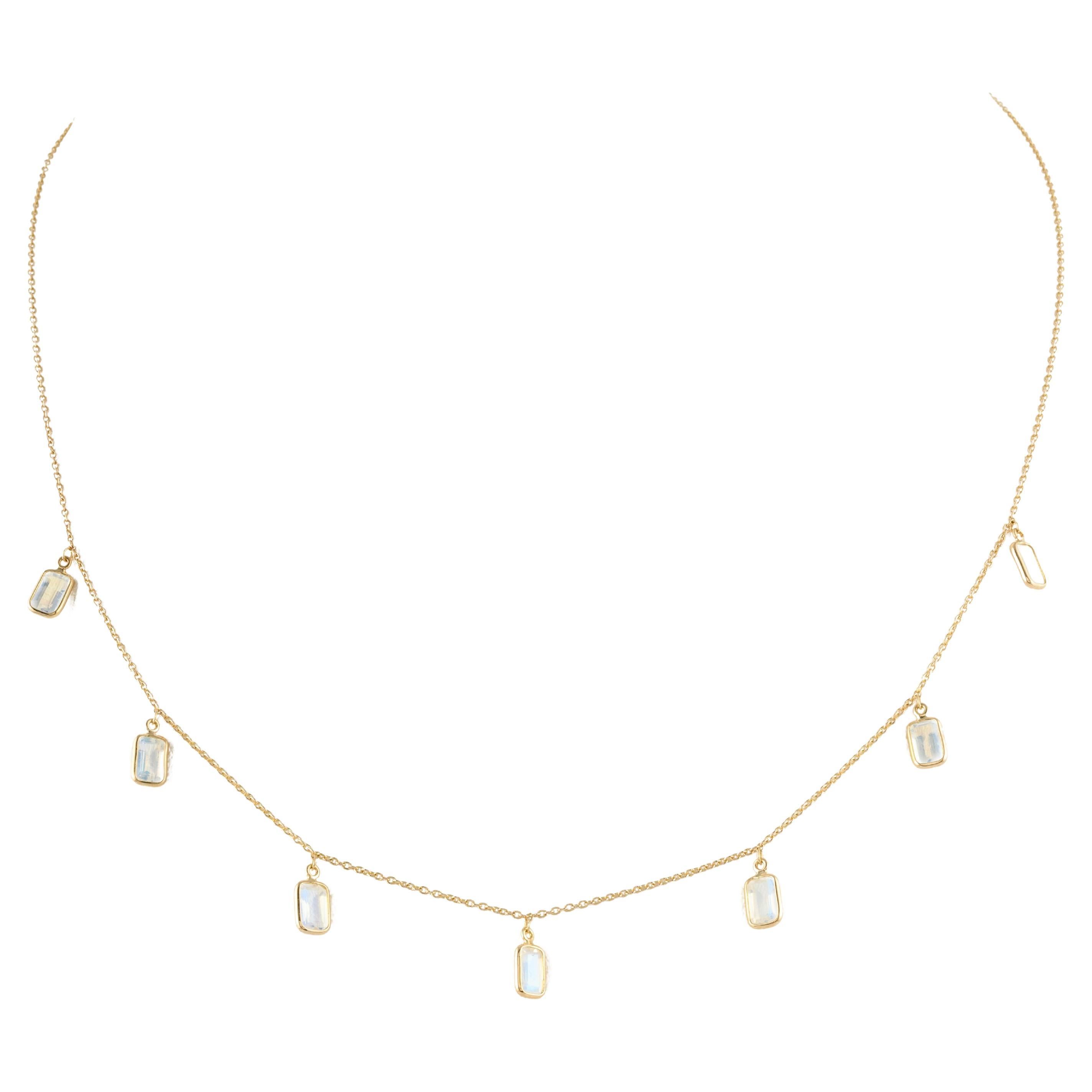 Rainbow Moonstone Chain Necklace Gift for Girlfriend in 18k Solid Yellow Gold