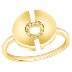 Stackable Ring Circular Disk with Yellow Diamonds set 14k Yellow Gold