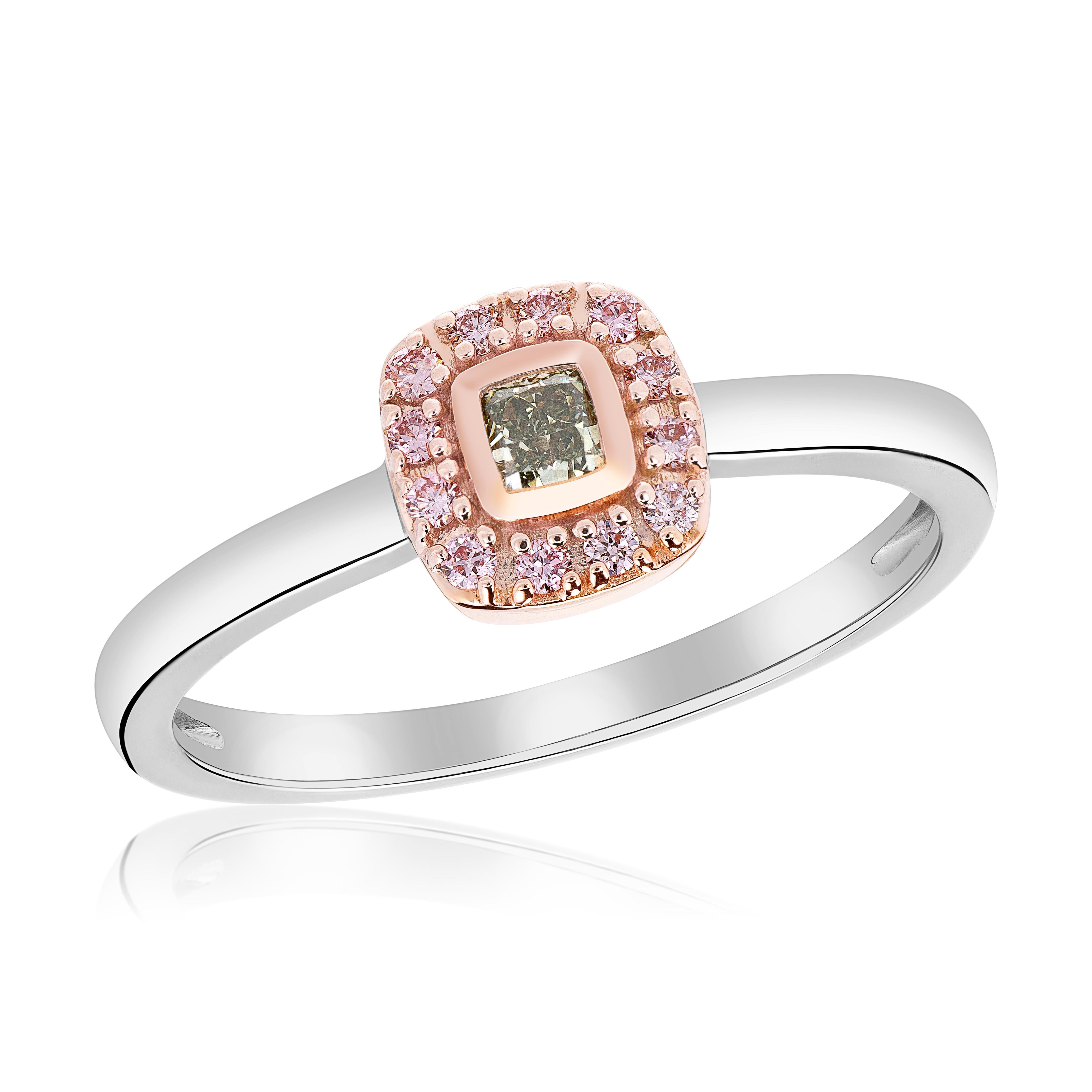 Make a captivating statement with this exquisite stackable halo ring featuring a mesmerizing 0.12-carat fancy grayish green cushion diamond. The distinctive color and unique charm of the cushion diamond make it a truly remarkable centerpiece. Adding