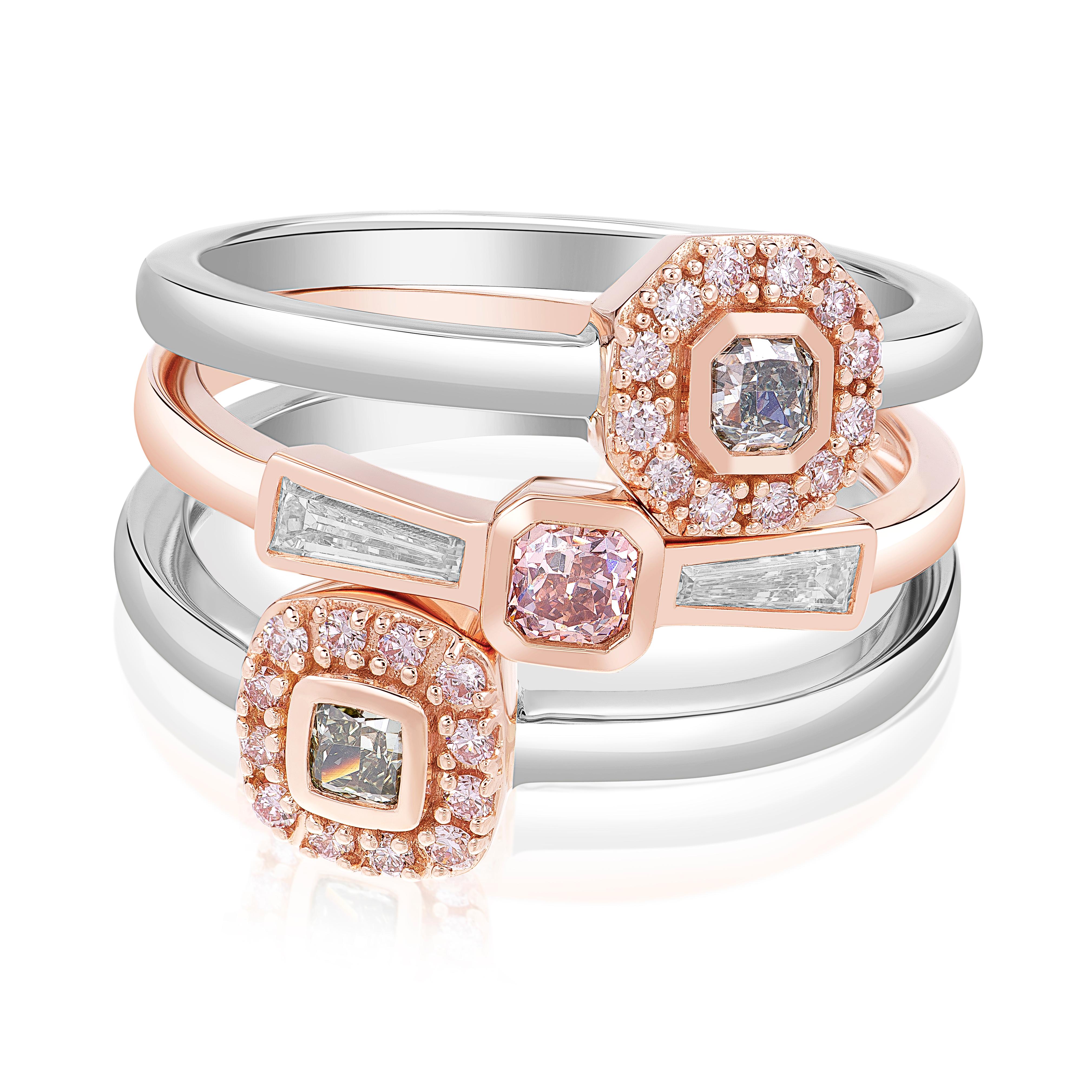 Cushion Cut Stackable Ring Featuring .12 Carat Green & Argyle Pink Diamonds 14k Rose Gold
