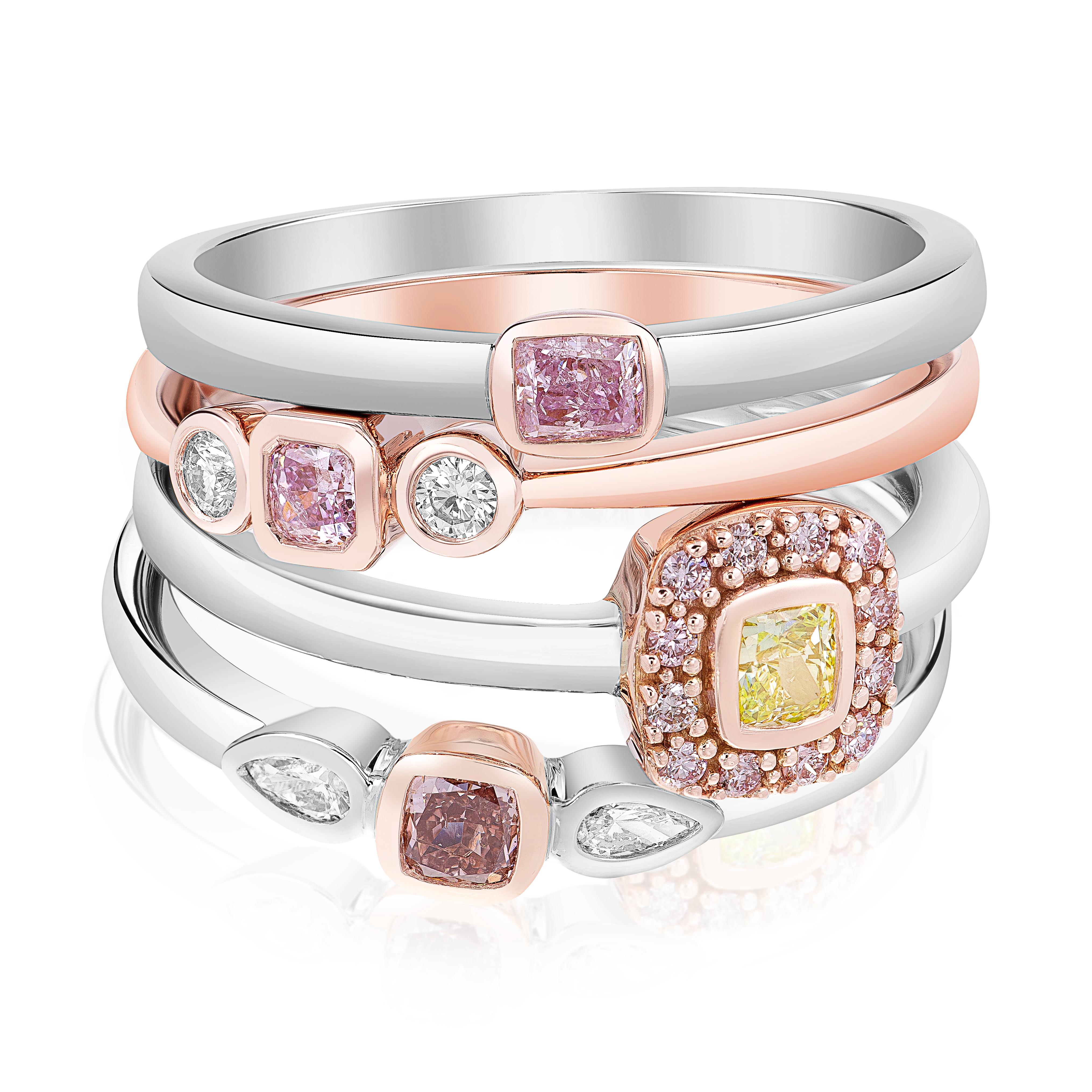 Radiant Cut Stackable Ring Featuring .19 Carat Intense Green & Argyle Pink Diamond 14k Gold