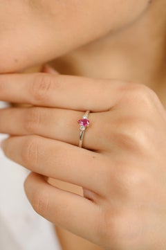 Stackable Ruby and Diamond Three-Stone Ring in 14k Solid White Gold for Her