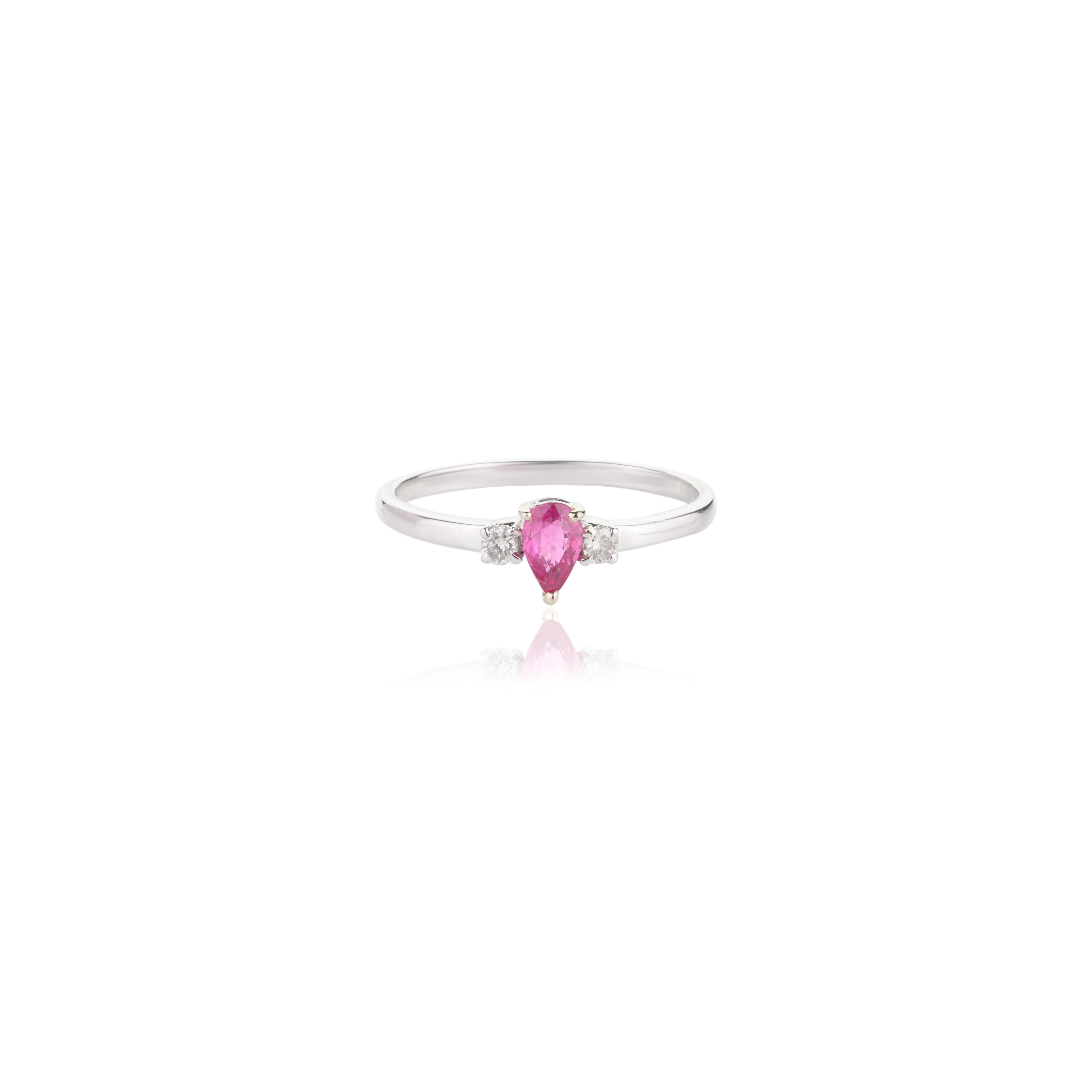 For Sale:  Stackable Ruby and Diamond Three-Stone Ring in 14k Solid White Gold for Her 3