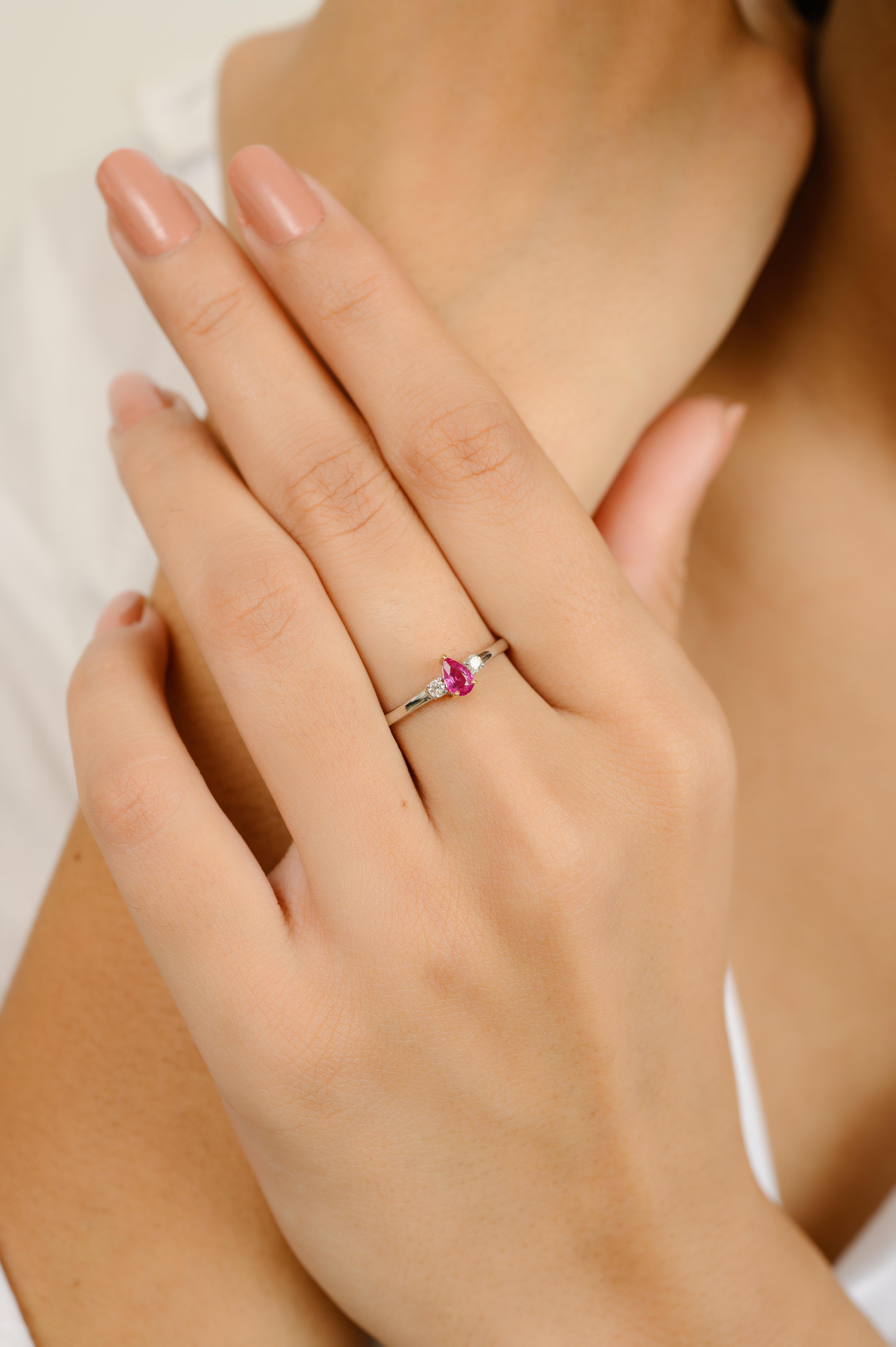 For Sale:  Stackable Ruby and Diamond Three-Stone Ring in 14k Solid White Gold for Her 4
