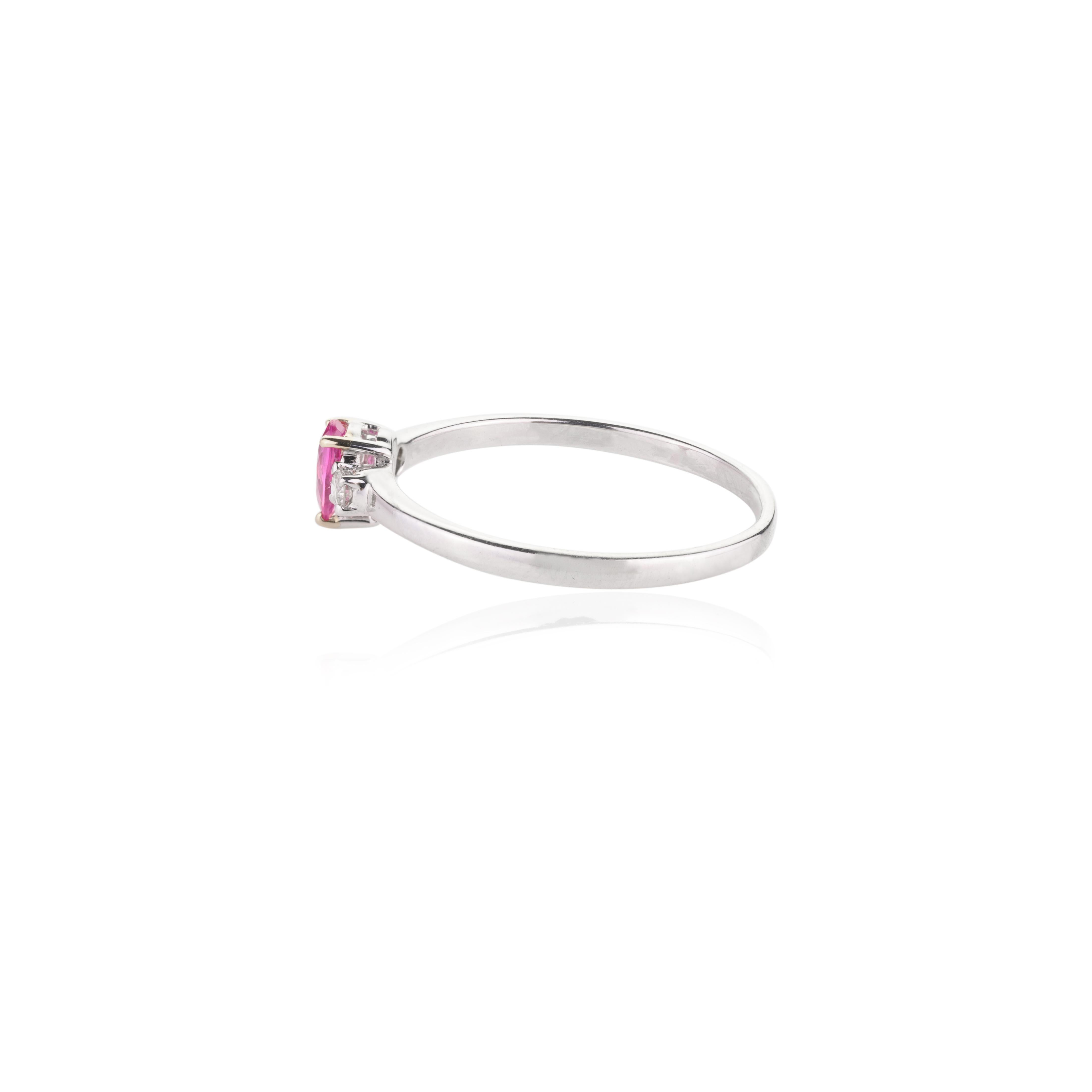 For Sale:  Stackable Ruby and Diamond Three-Stone Ring in 14k Solid White Gold for Her 5