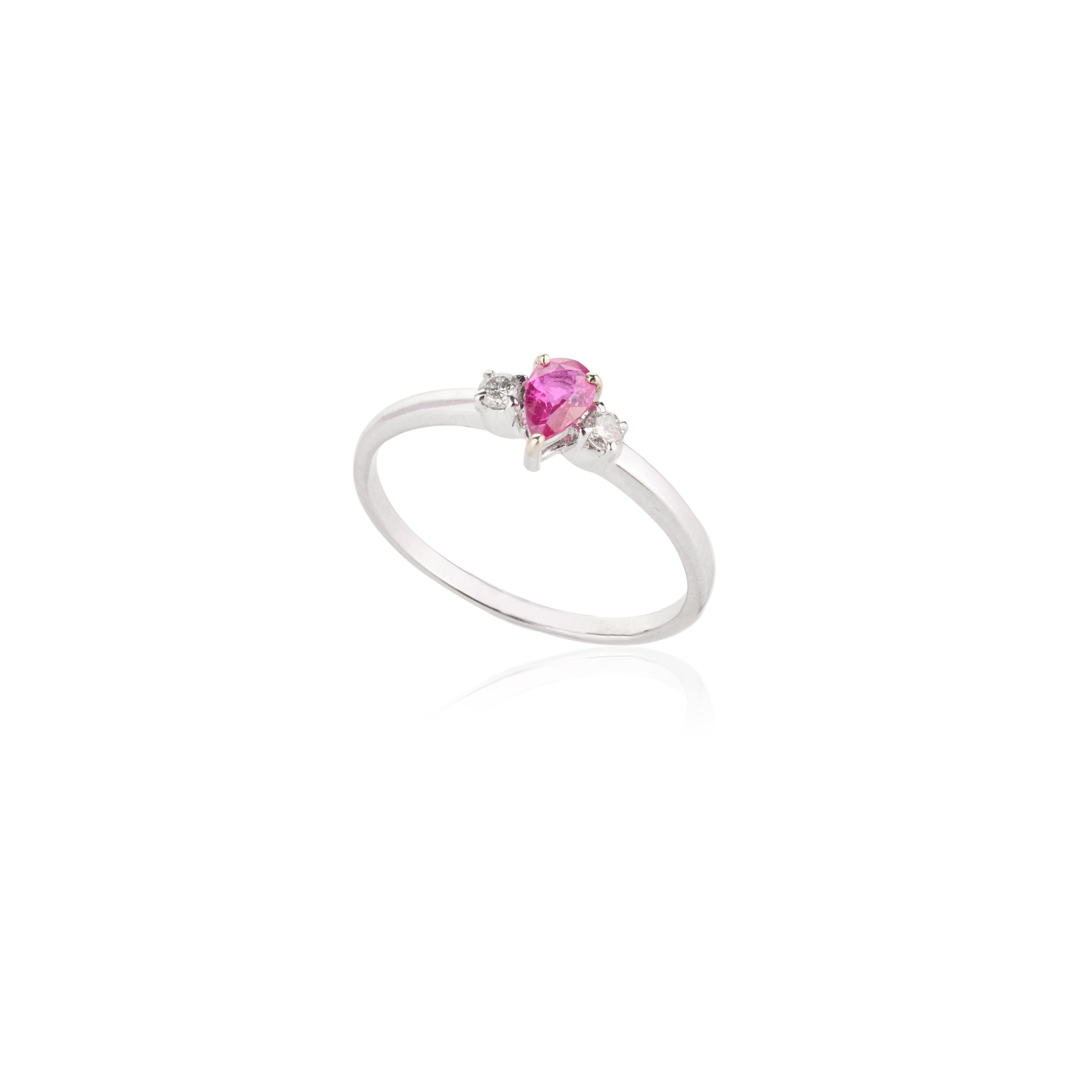 For Sale:  Stackable Ruby and Diamond Three-Stone Ring in 14k Solid White Gold for Her 7