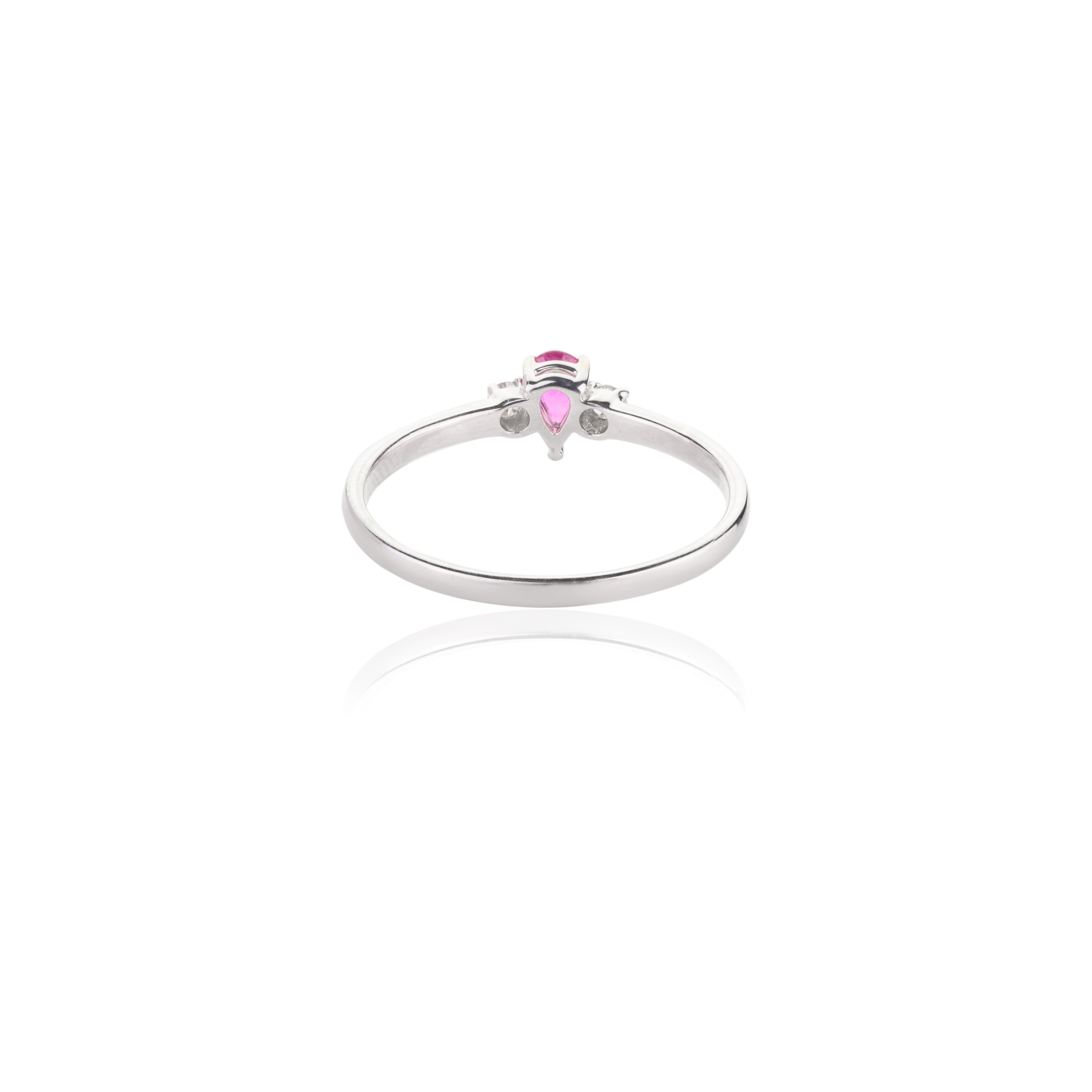 For Sale:  Stackable Ruby and Diamond Three-Stone Ring in 14k Solid White Gold for Her 9