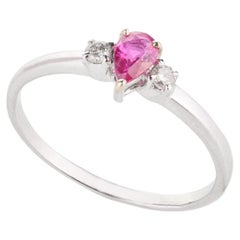 Stackable Ruby and Diamond Three-Stone Ring in 14k Solid White Gold for Her