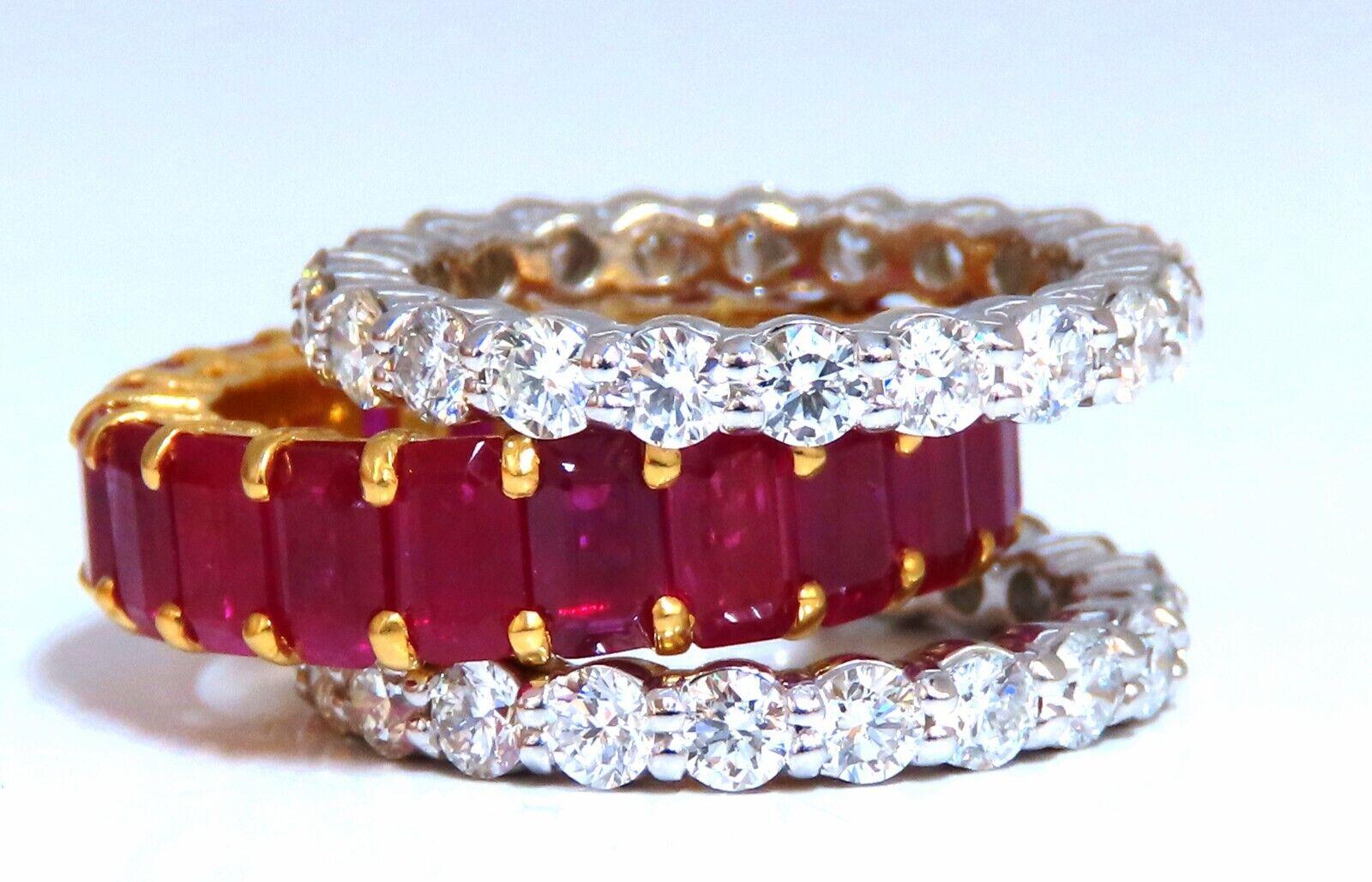 8ct. emerald cut Natural Rubies & 

 3.36ct diamonds stackable rings.

Three rings.

Rubies:

Clean Clarity & full emerald cuts.

Transparent & Vivid red colors.

Average: 3 x 5mm each / 21 count

3.36ct. natural round brilliant diamonds

G-color