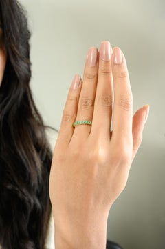 Stackable Sleek Emerald Round Cut Band Ring in 14k Solid Yellow Gold