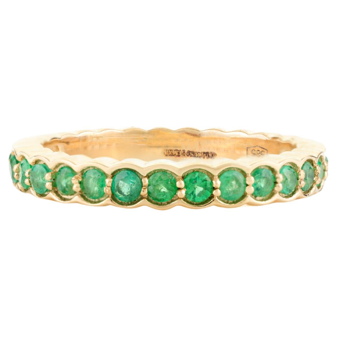 Stackable Sleek Emerald Round Cut Band Ring in 14k Solid Yellow Gold