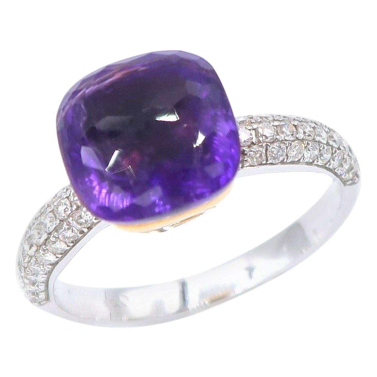 Stackable Special Faceted Amethyst Ring Diamond Pavé 18 Karat Gold For Sale
