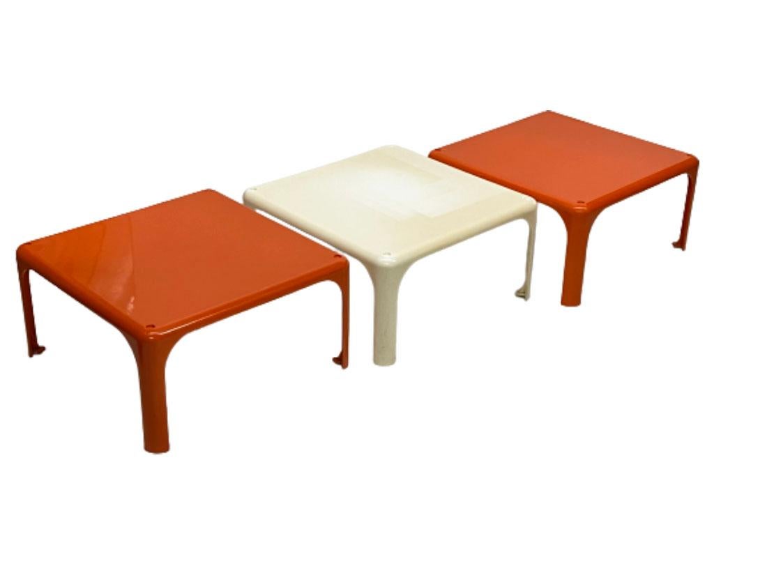 Stackable tables Modello Demetrio 45 by Vico Magistretti for Artimide, Italy

3 Stackable tables, 2 tables in orange and 1 off white
Design model is the Demetrio 45, designed by Vico Magistretti for Artimide in Italy, 1966
The white one is