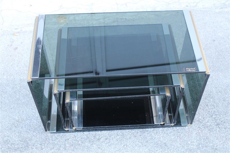 Stackable Tables Stildomus 1970s Italian Glass Steel and Brass Argent ...