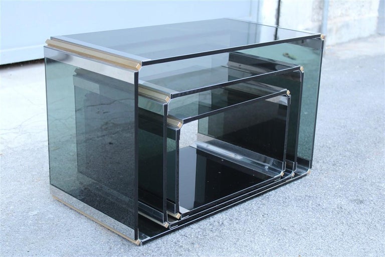Stackable Tables Stildomus 1970s Italian Glass Steel and Brass Argent ...