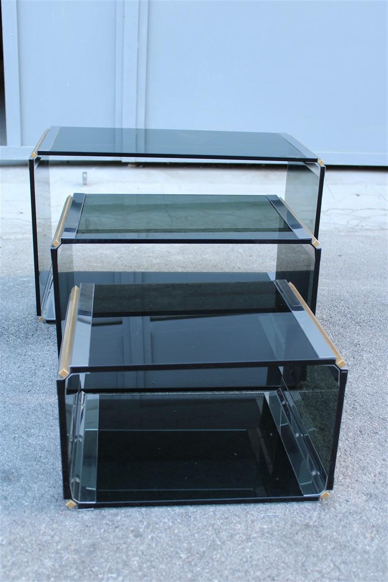 Stackable Tables Stildomus 1970s Italian Glass Steel and Brass Argent Gold Rega For Sale 2