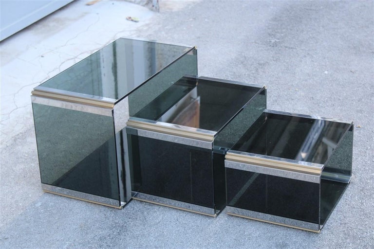 Stackable Tables Stildomus 1970s Italian Glass Steel and Brass Argent ...