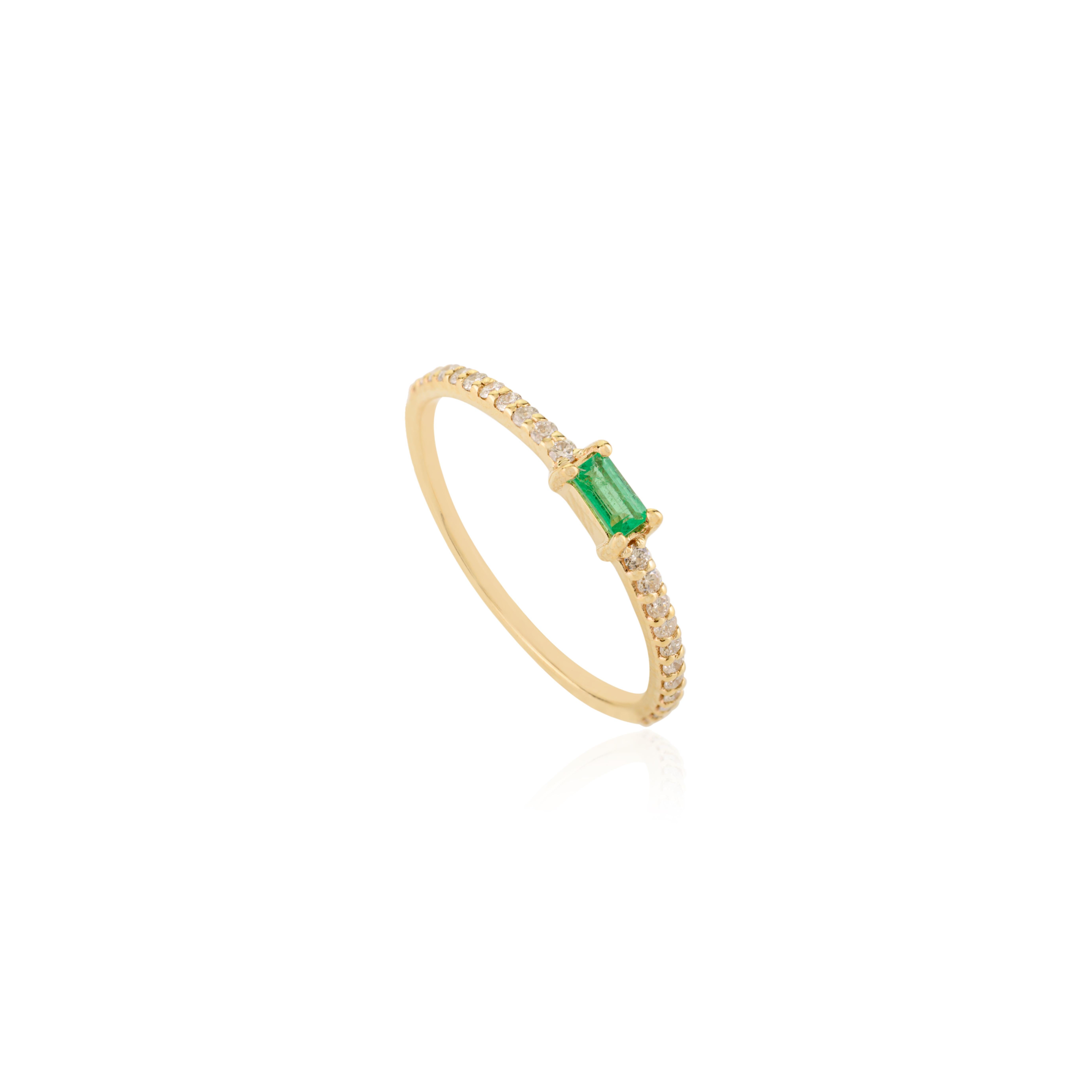 For Sale:  Stackable Thin 14k Yellow Gold Baguette Emerald & Diamond Band Ring Gift for Her 3
