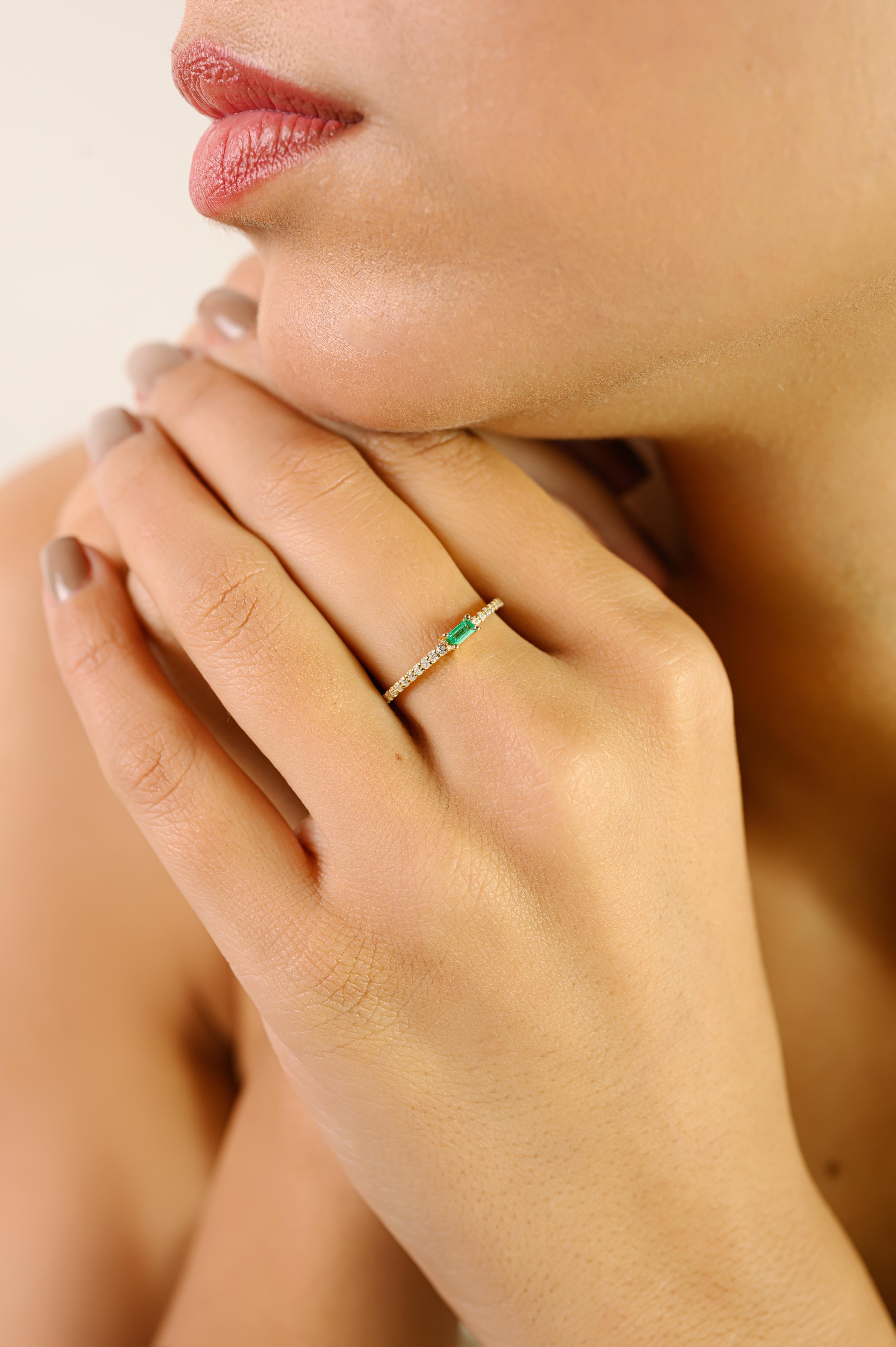 For Sale:  Stackable Thin 14k Yellow Gold Baguette Emerald & Diamond Band Ring Gift for Her 4