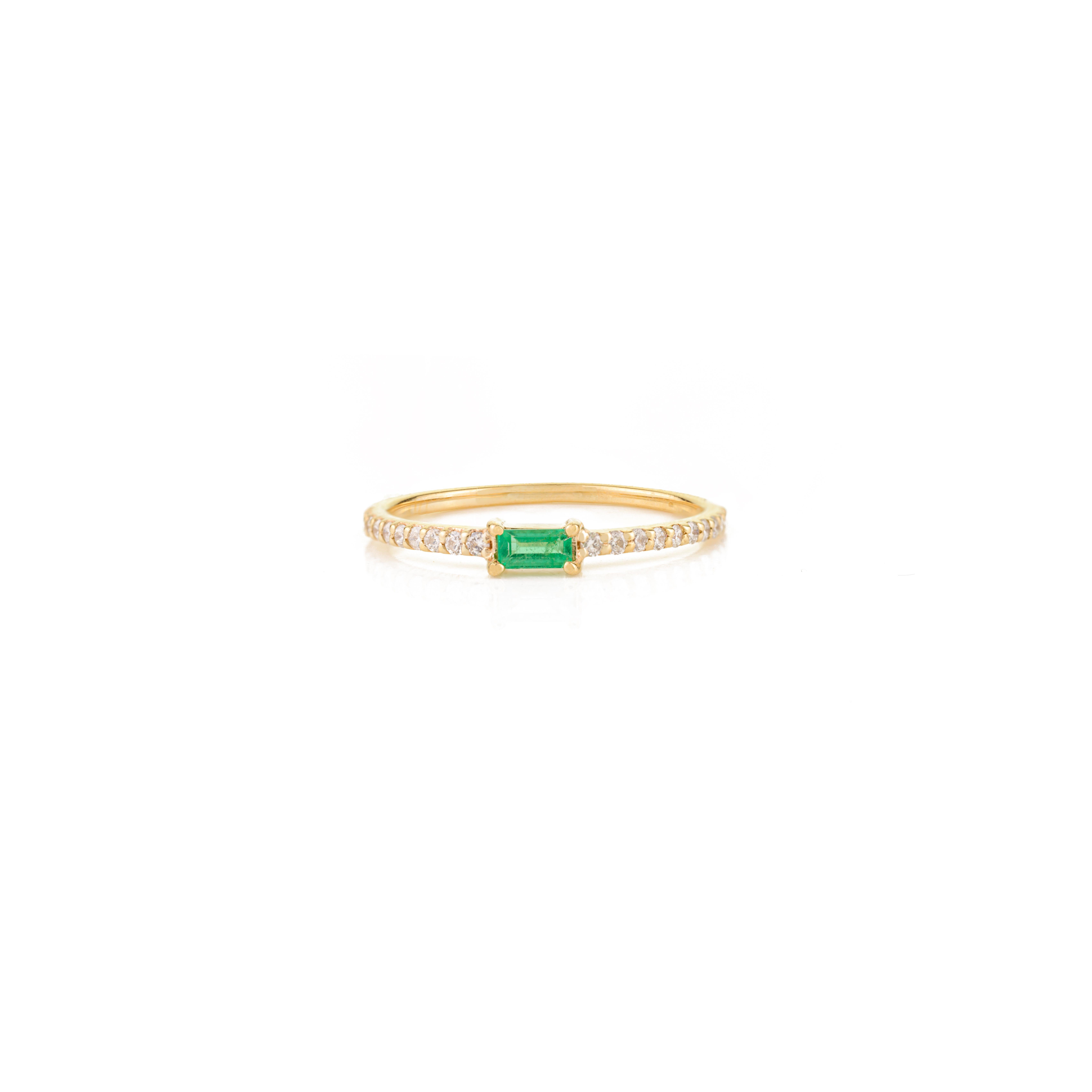 For Sale:  Stackable Thin 14k Yellow Gold Baguette Emerald & Diamond Band Ring Gift for Her 5