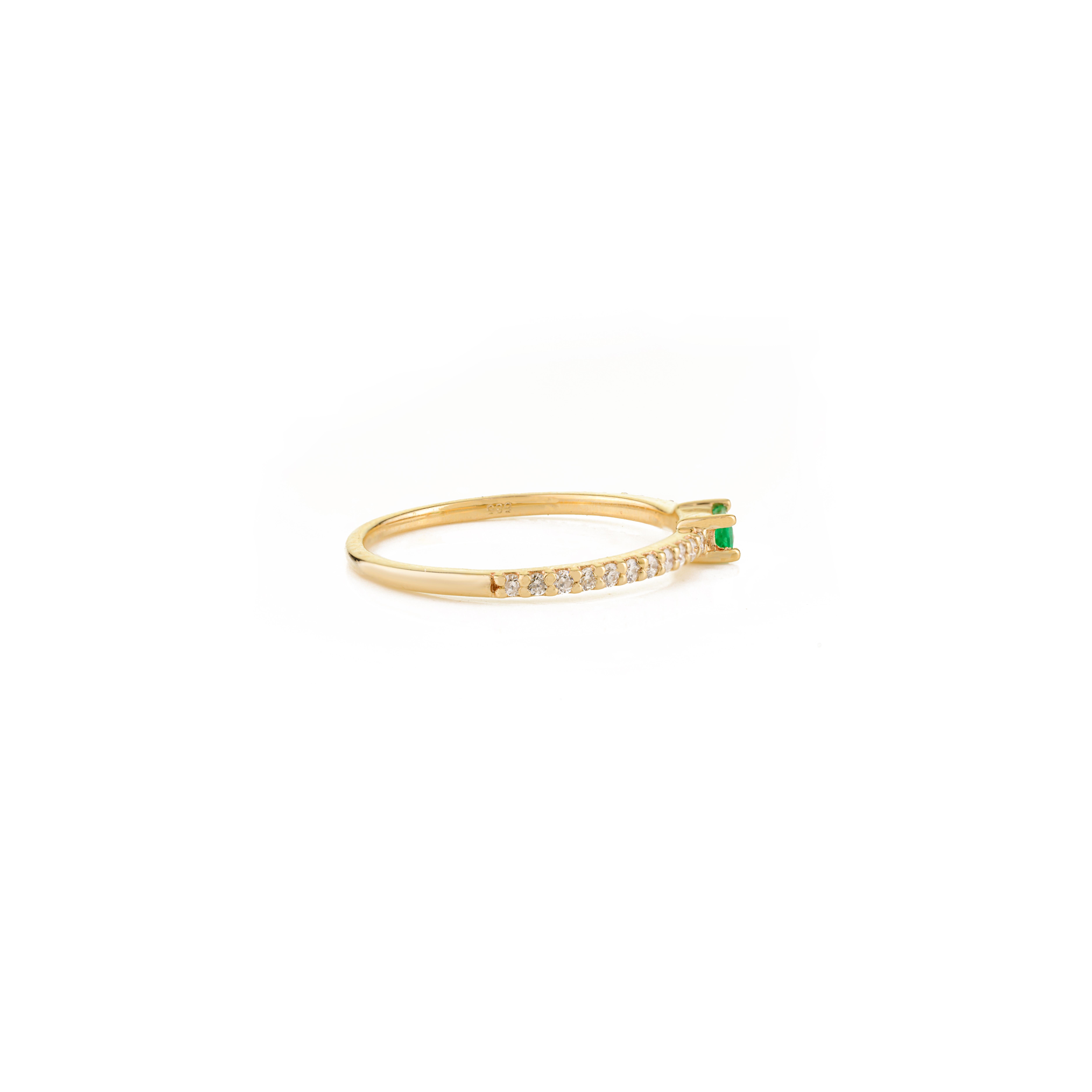 For Sale:  Stackable Thin 14k Yellow Gold Baguette Emerald & Diamond Band Ring Gift for Her 7