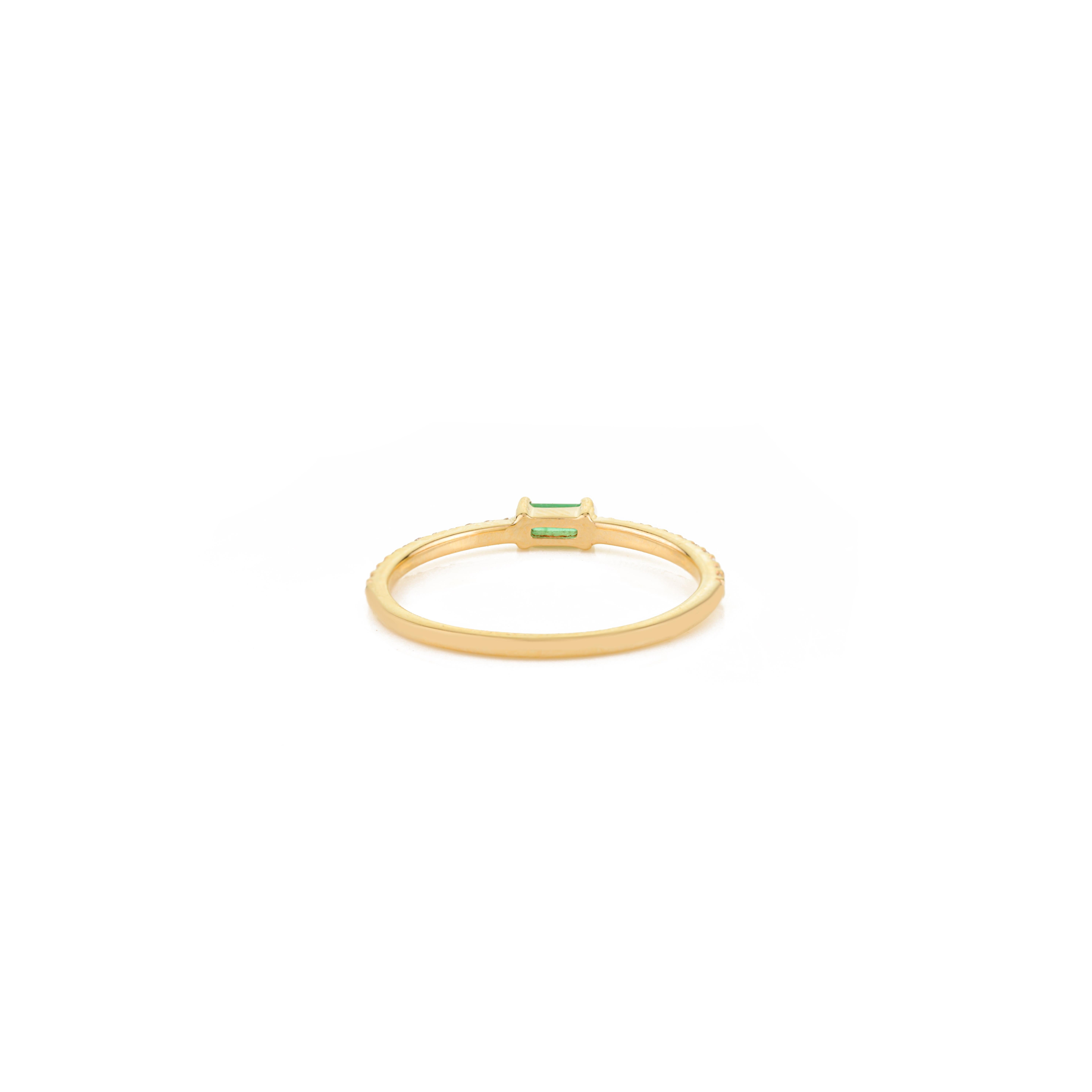 For Sale:  Stackable Thin 14k Yellow Gold Baguette Emerald & Diamond Band Ring Gift for Her 9