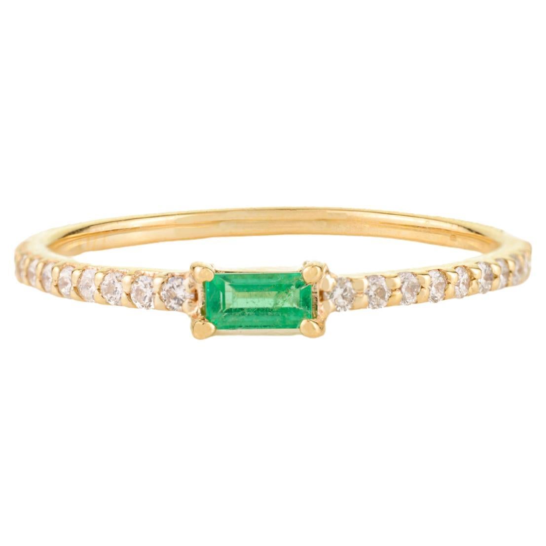 For Sale:  Stackable Thin 14k Yellow Gold Baguette Emerald & Diamond Band Ring Gift for Her