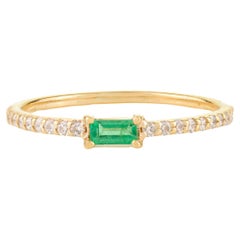 Stackable Thin 14k Yellow Gold Baguette Emerald & Diamond Band Ring Gift for Her