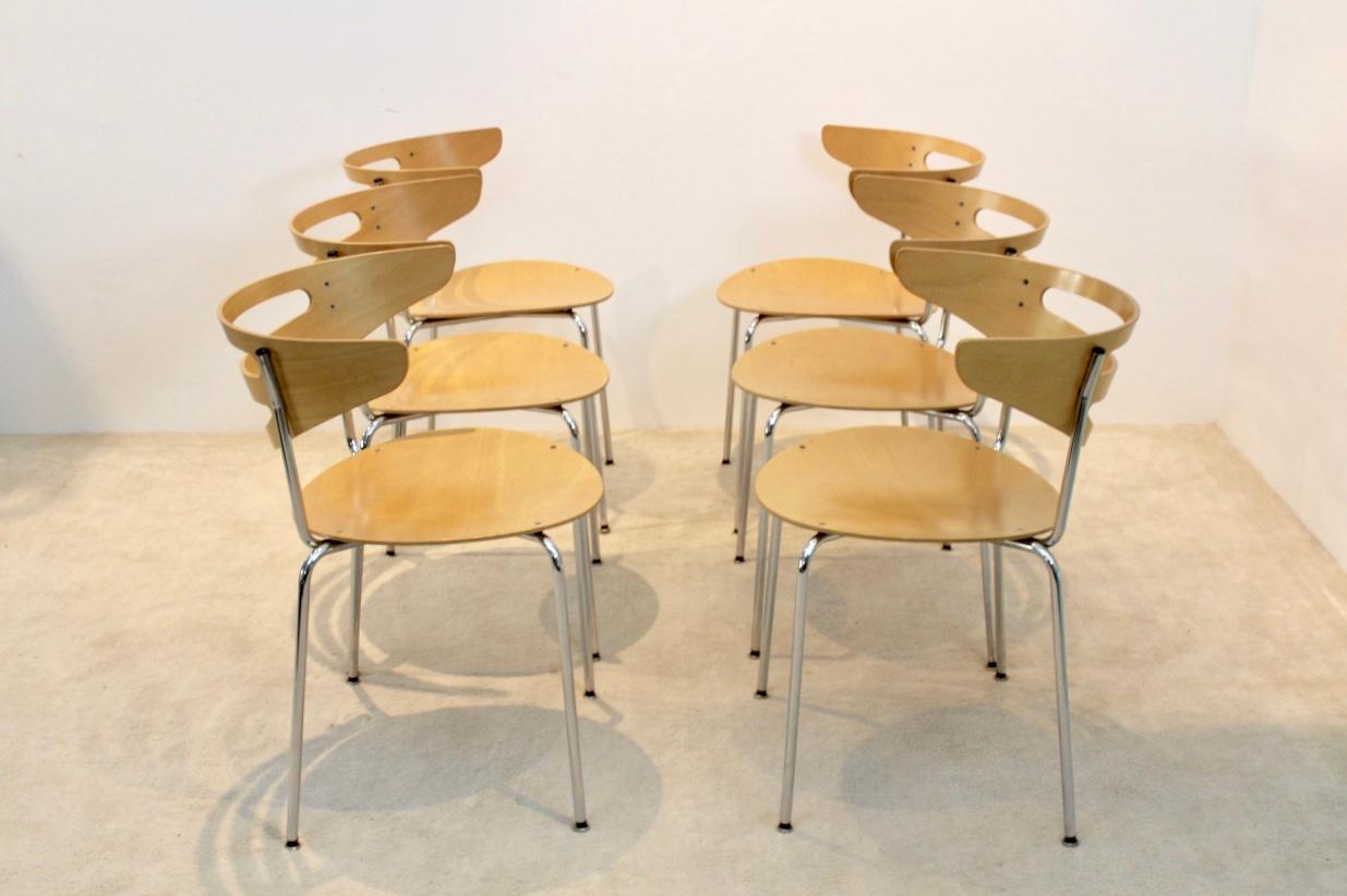 20th Century Stackable Thonet Chrome and Beechwood Curved Diner Chairs For Sale