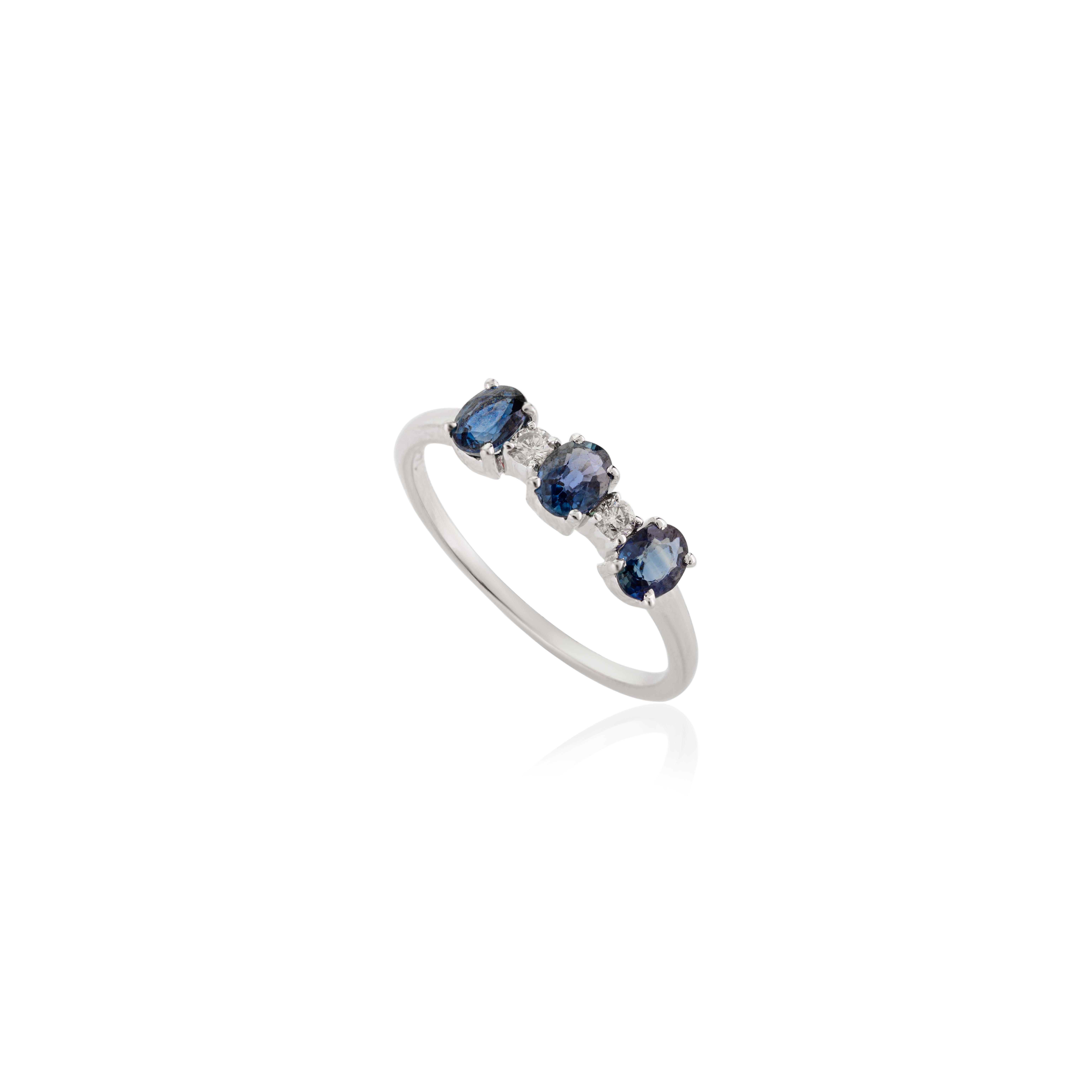 For Sale:  Stackable Three Stone Blue Sapphire and Diamond Minimal Ring in 14k White Gold 2