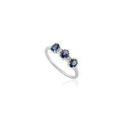 Stackable Three Stone Blue Sapphire and Diamond Minimal Ring in 14k White Gold