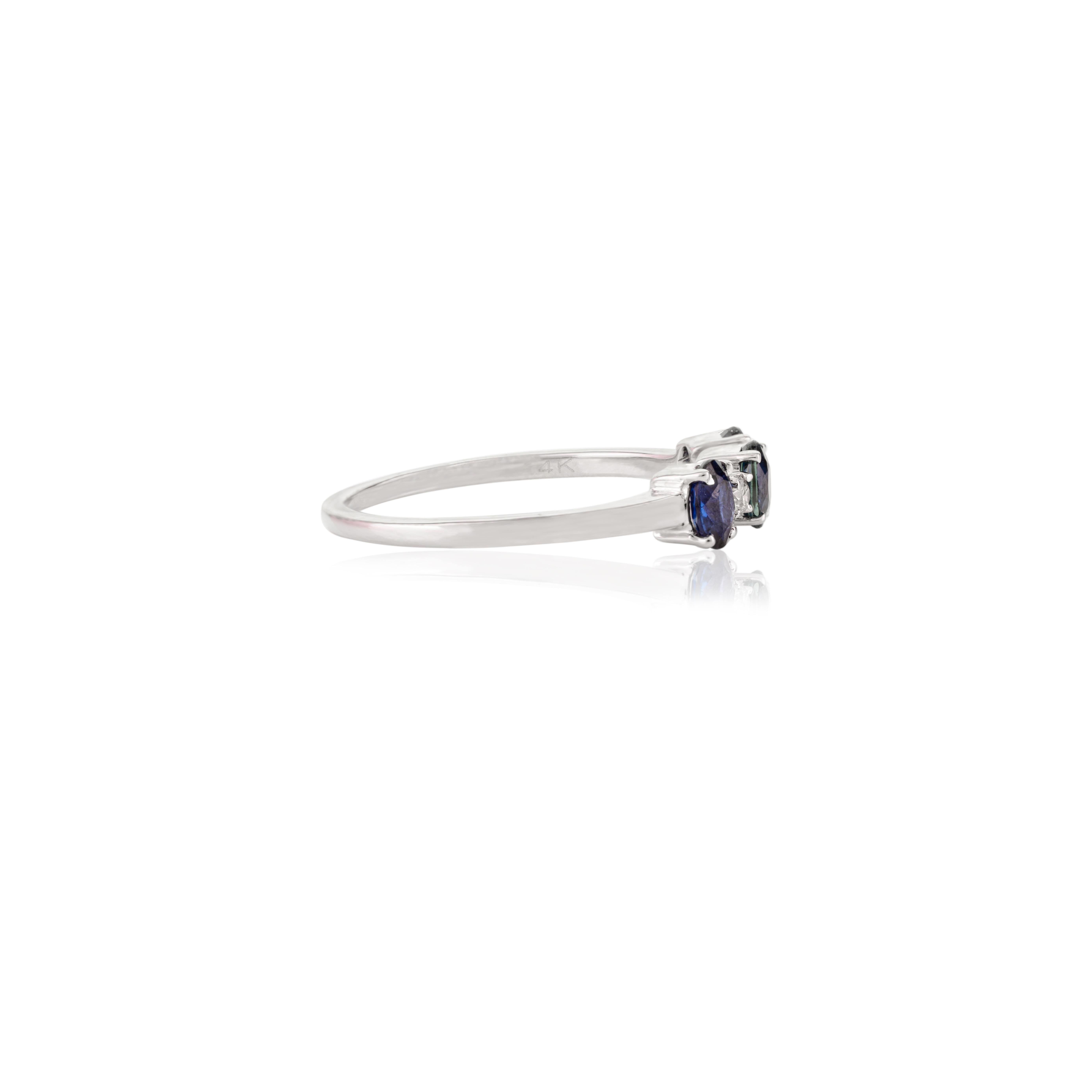 For Sale:  Stackable Three Stone Blue Sapphire and Diamond Minimal Ring in 14k White Gold 3