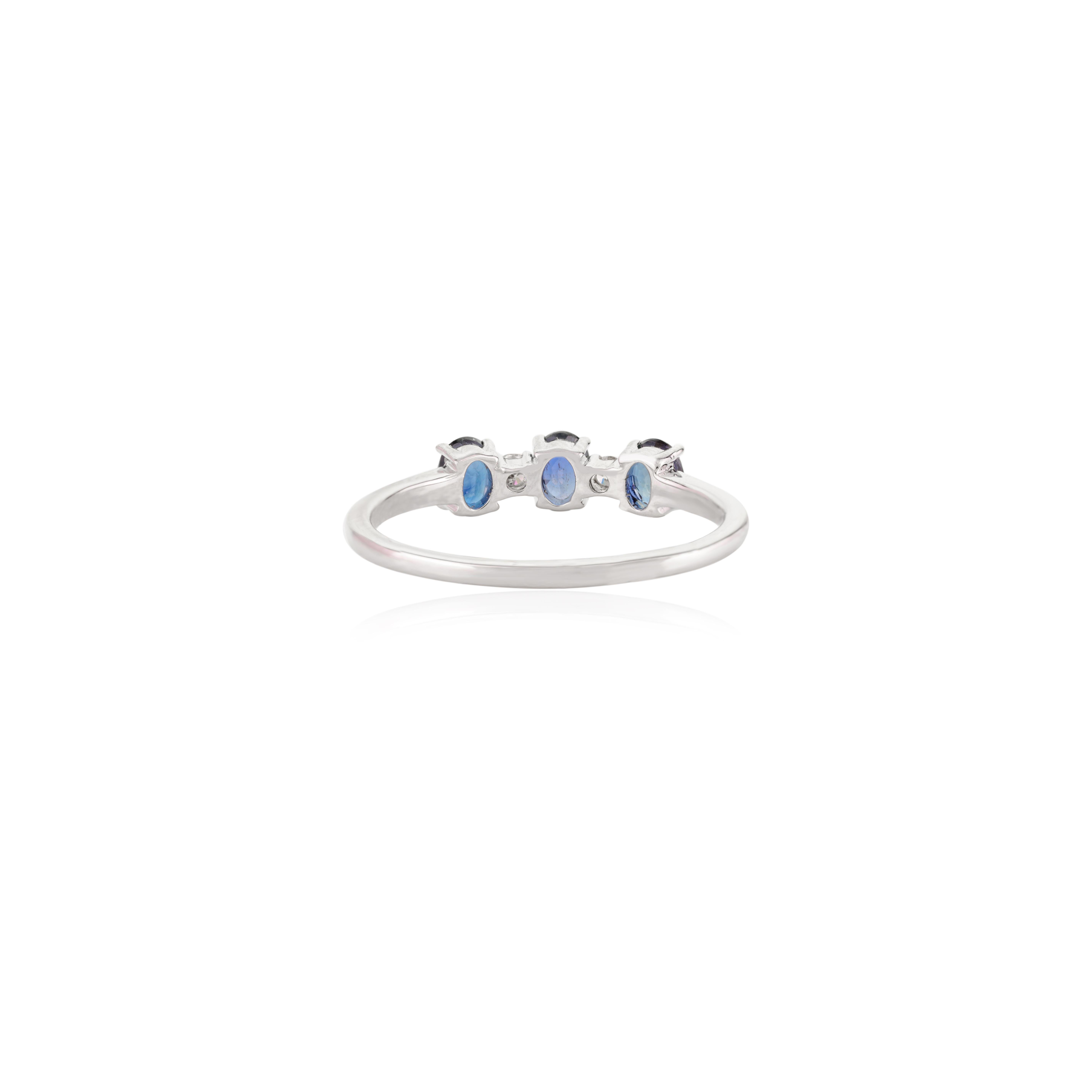 For Sale:  Stackable Three Stone Blue Sapphire and Diamond Minimal Ring in 14k White Gold 4