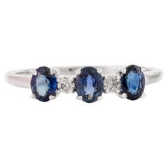 Stackable Three Stone Blue Sapphire and Diamond Minimal Ring in 14k White Gold