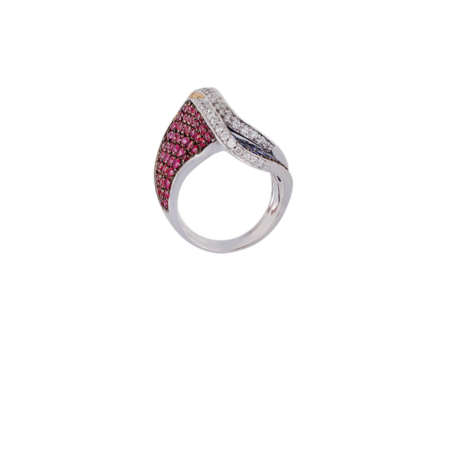 Contemporary Stackable Two-Piece Ruby, Sapphire, Diamond Ring, Set in 18 Karat White Gold