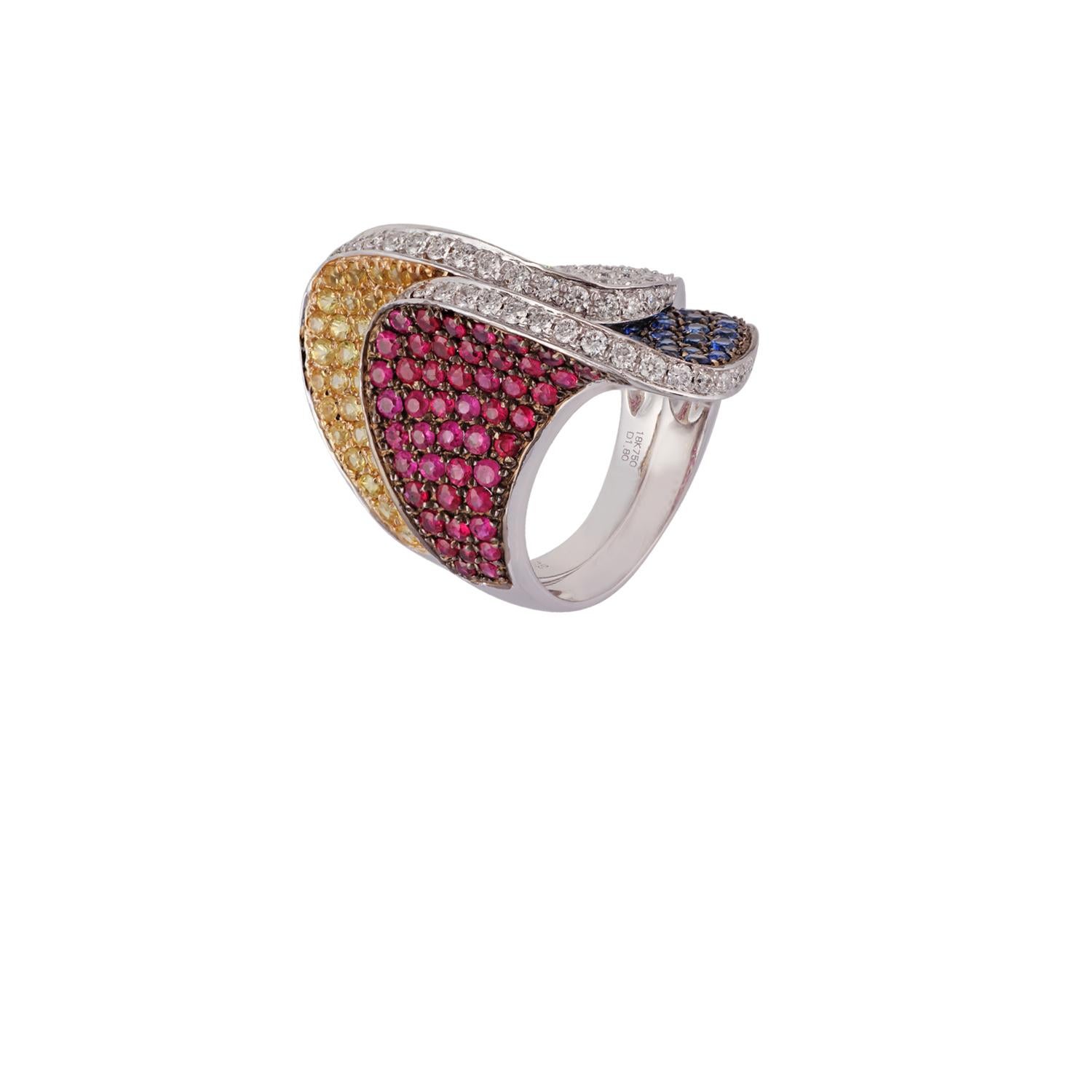 Round Cut Stackable Two-Piece Ruby, Sapphire, Diamond Ring, Set in 18 Karat White Gold