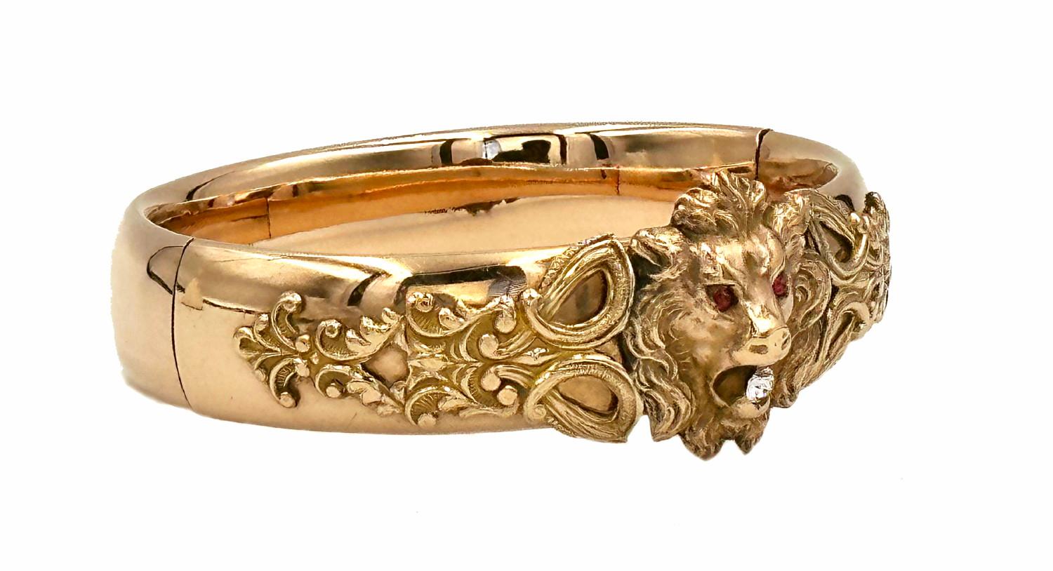 Stackable Victorian Gold-Filled Lion Bangle Cat Tiger Animal Jewelry In Excellent Condition For Sale In Sesser, IL