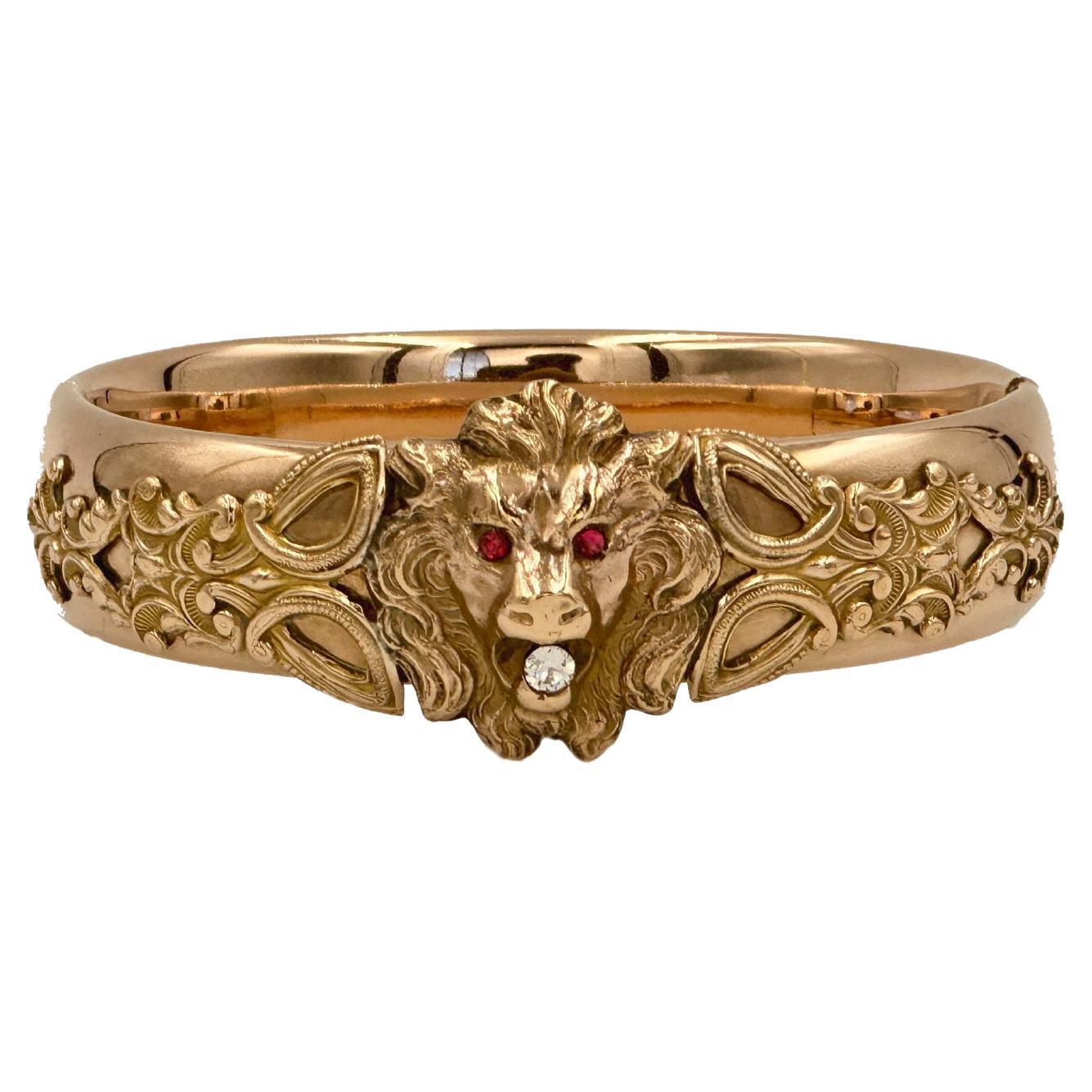 Stackable Victorian Gold-Filled Lion Bangle Cat Tiger Animal Jewelry For Sale