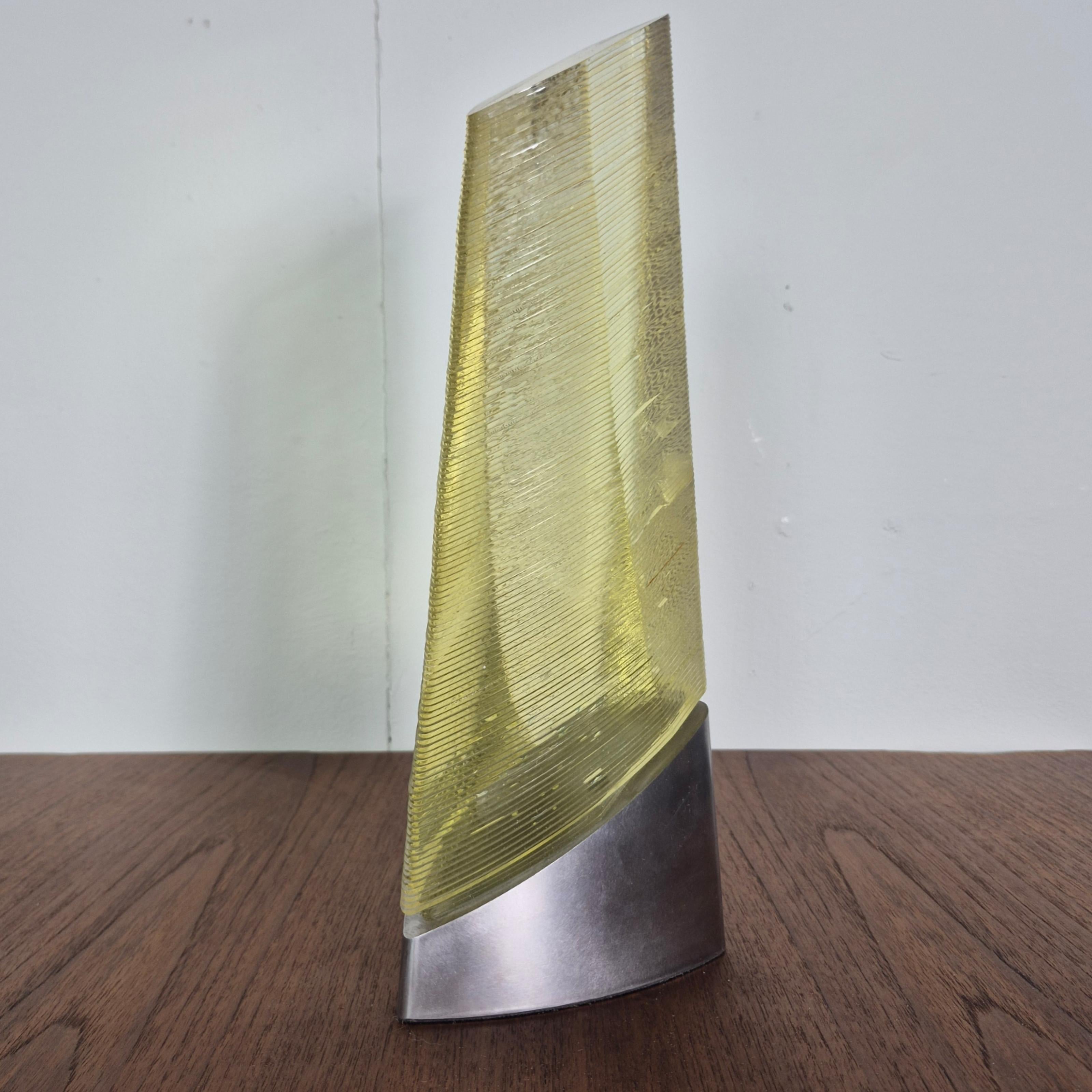 Stacked amber glass sculpture on a metal base, Netherland 1980s In Good Condition For Sale In ECHT, NL
