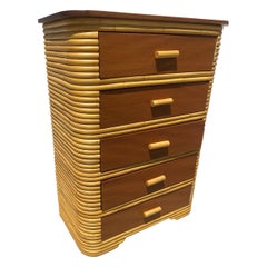 Stacked Art Deco Rattan Highboy Dresser with Mahogany Top