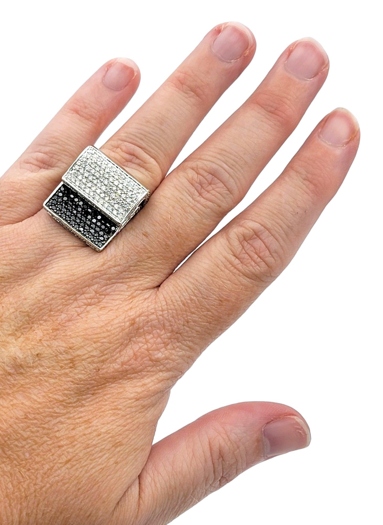 Stacked Black and White Pavé Diamond Squared Cocktail Ring 14 Karat White Gold For Sale 4