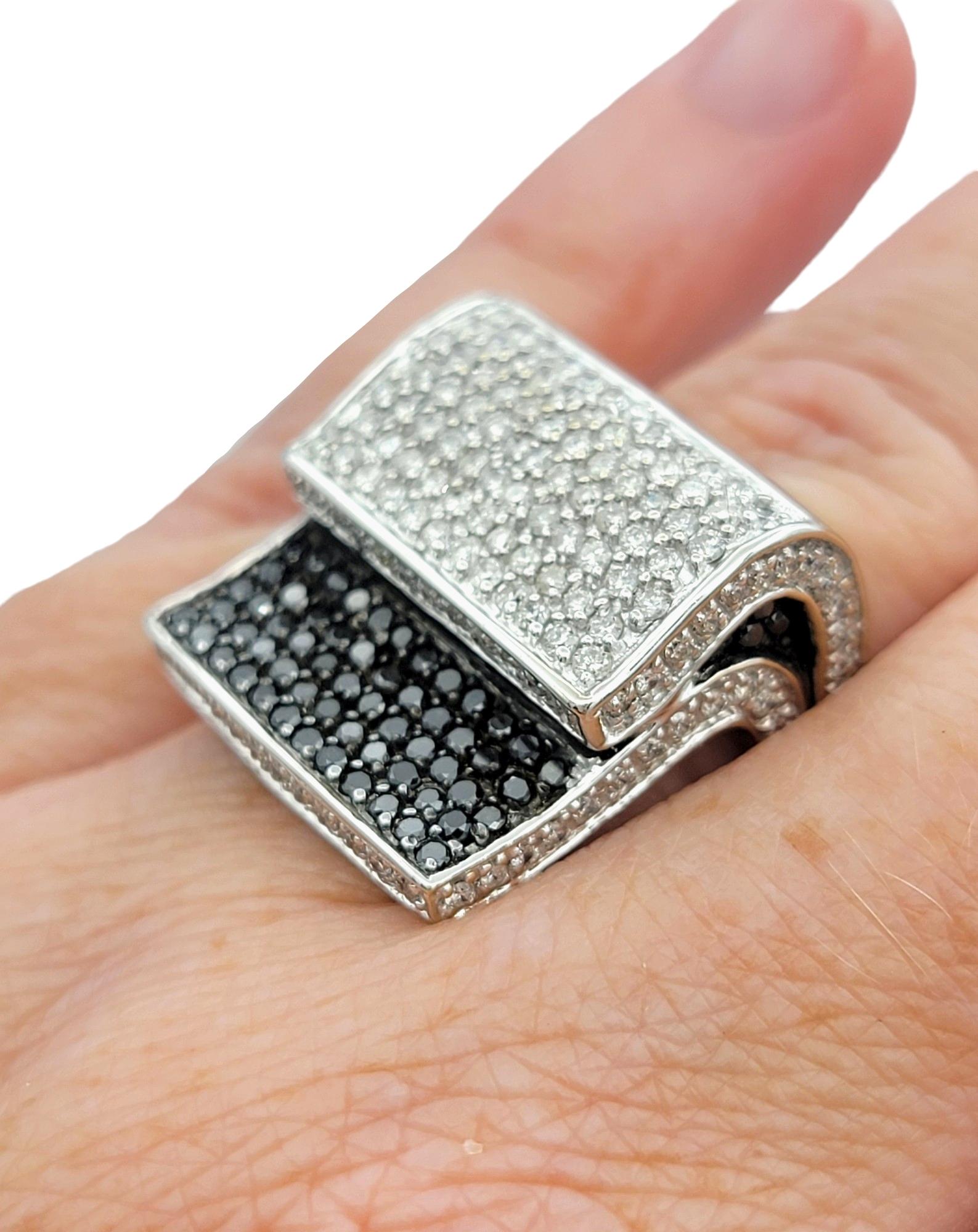 Stacked Black and White Pavé Diamond Squared Cocktail Ring 14 Karat White Gold For Sale 5