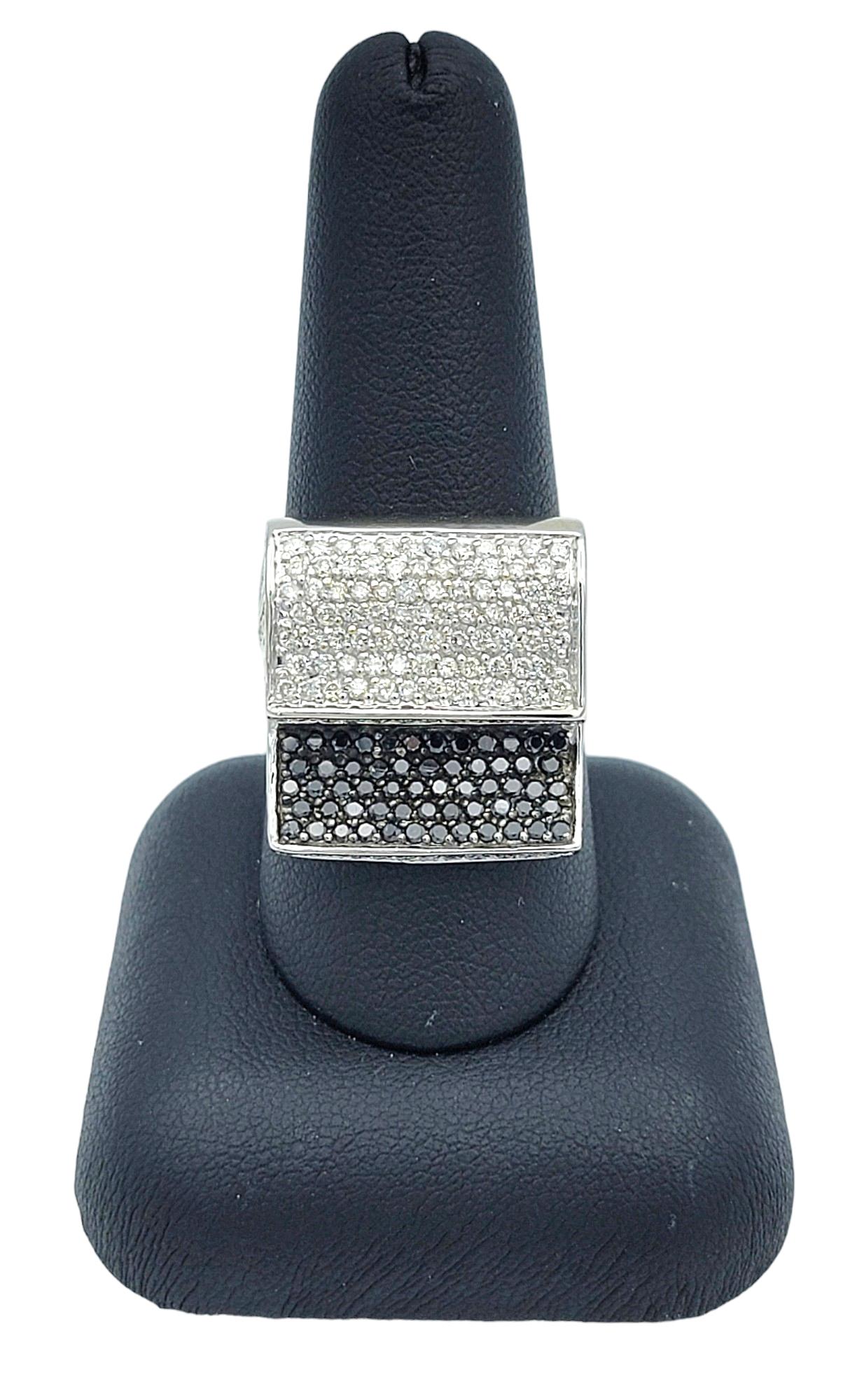 Stacked Black and White Pavé Diamond Squared Cocktail Ring 14 Karat White Gold For Sale 6