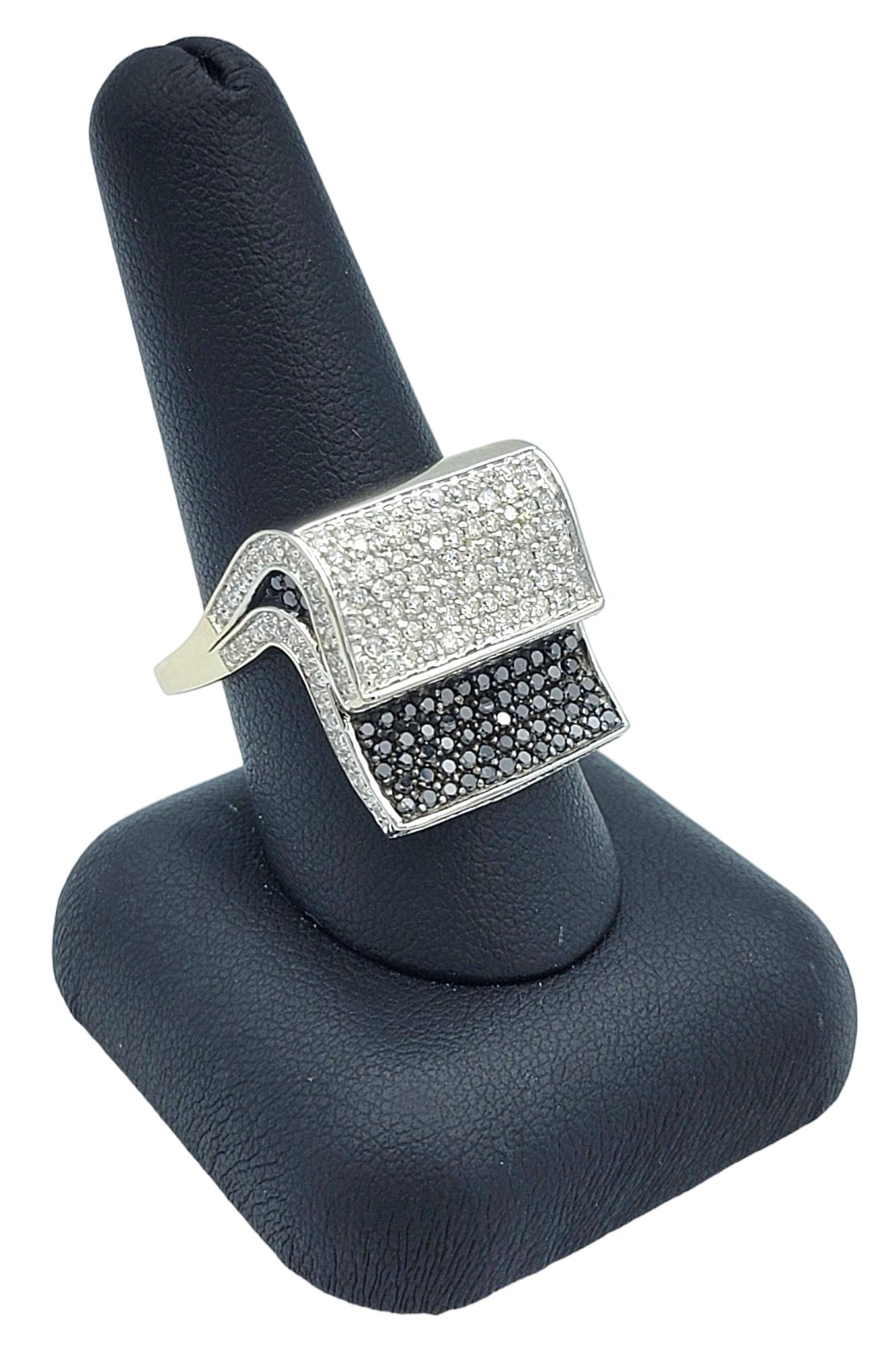 Stacked Black and White Pavé Diamond Squared Cocktail Ring 14 Karat White Gold For Sale 7