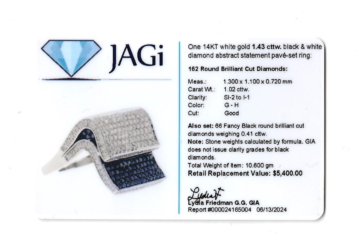 Stacked Black and White Pavé Diamond Squared Cocktail Ring 14 Karat White Gold For Sale 8
