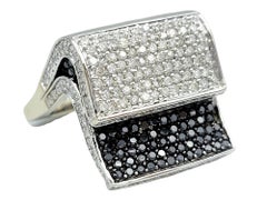 Stacked Black and White Pavé Diamond Squared Cocktail Ring 14 Karat White Gold