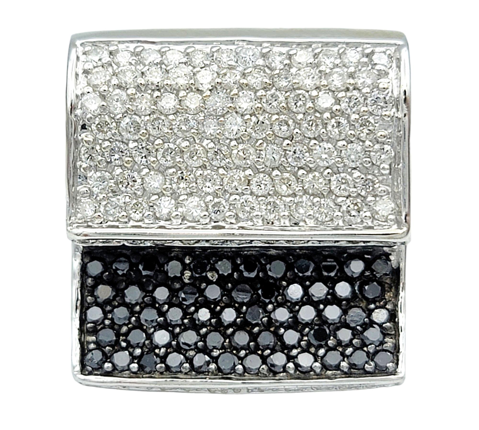Contemporary Stacked Black and White Pavé Diamond Squared Cocktail Ring 14 Karat White Gold For Sale