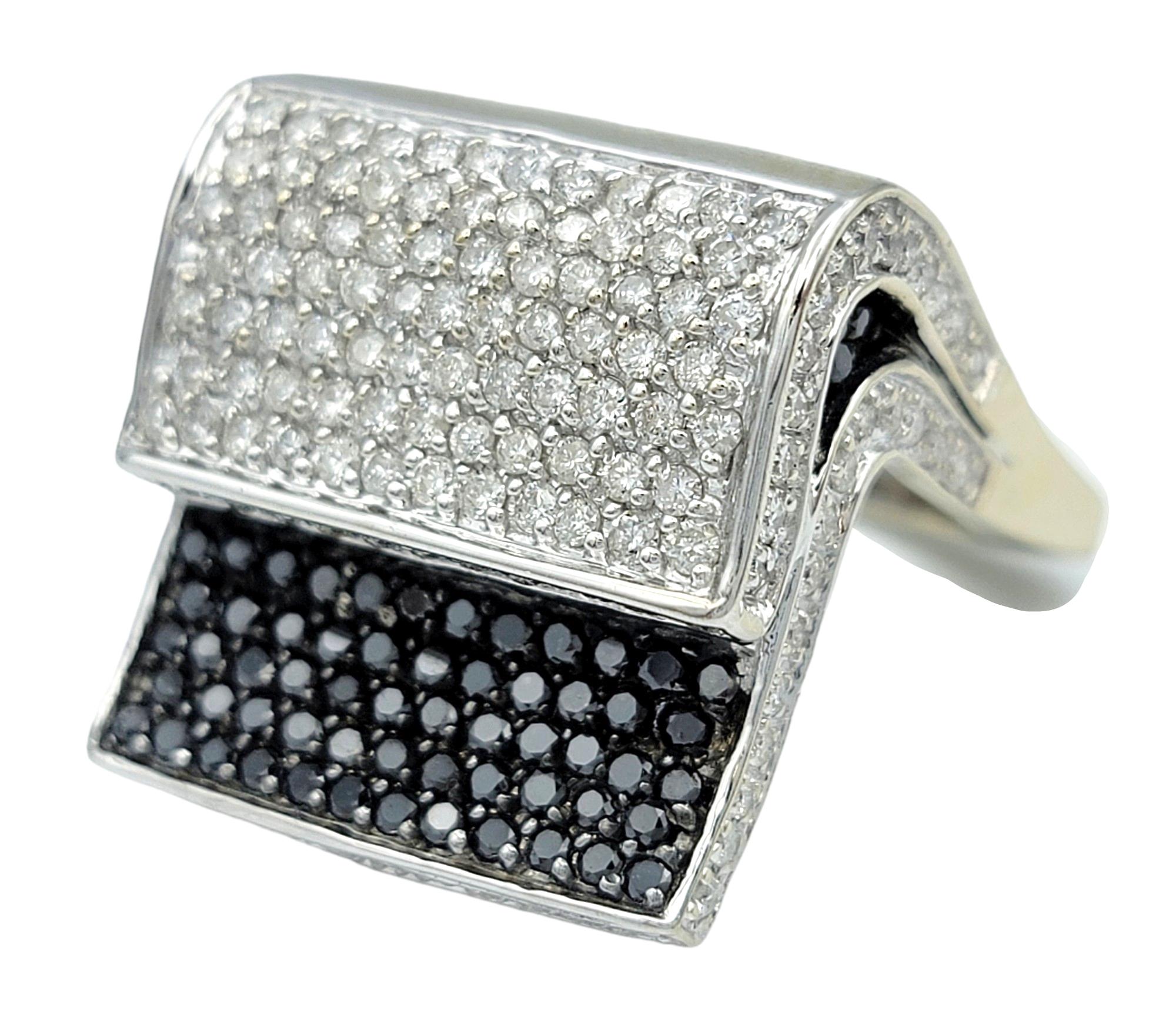 Round Cut Stacked Black and White Pavé Diamond Squared Cocktail Ring 14 Karat White Gold For Sale